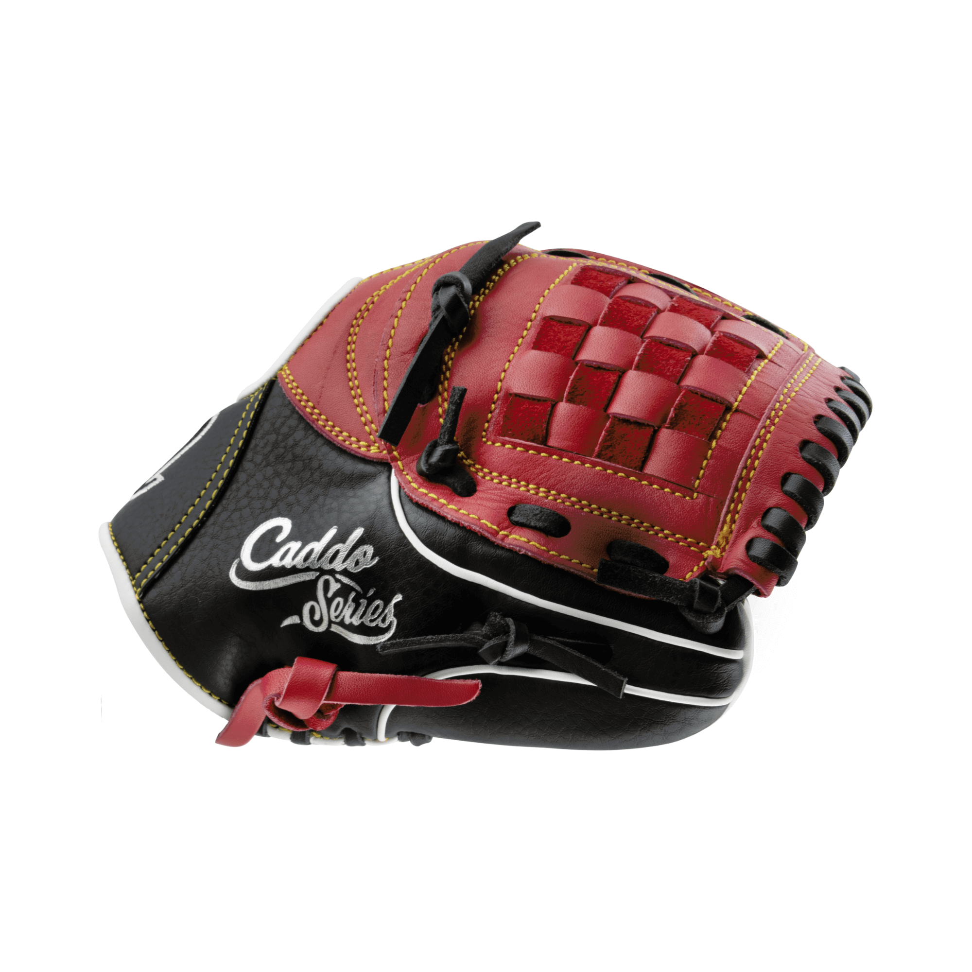 Marucci Caddo Series V2 10" baseball glove with red and black design, featuring adjustable loops and EZ Flex notch for easy closure.