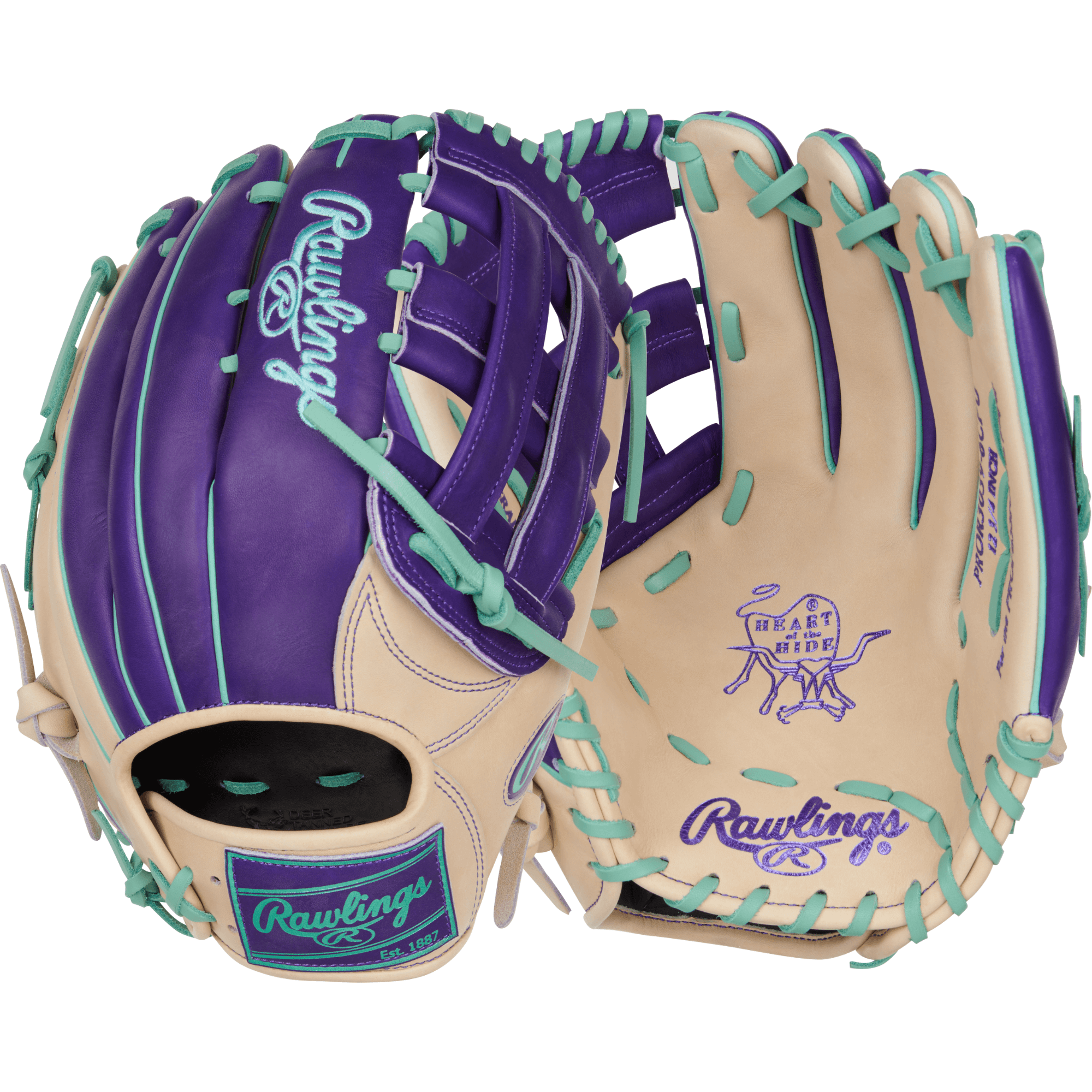 Back and palm view of Rawlings Heart of the Hide Color Sync 9.0 12.75'' outfield glove featuring camel and purple leather with mint accents