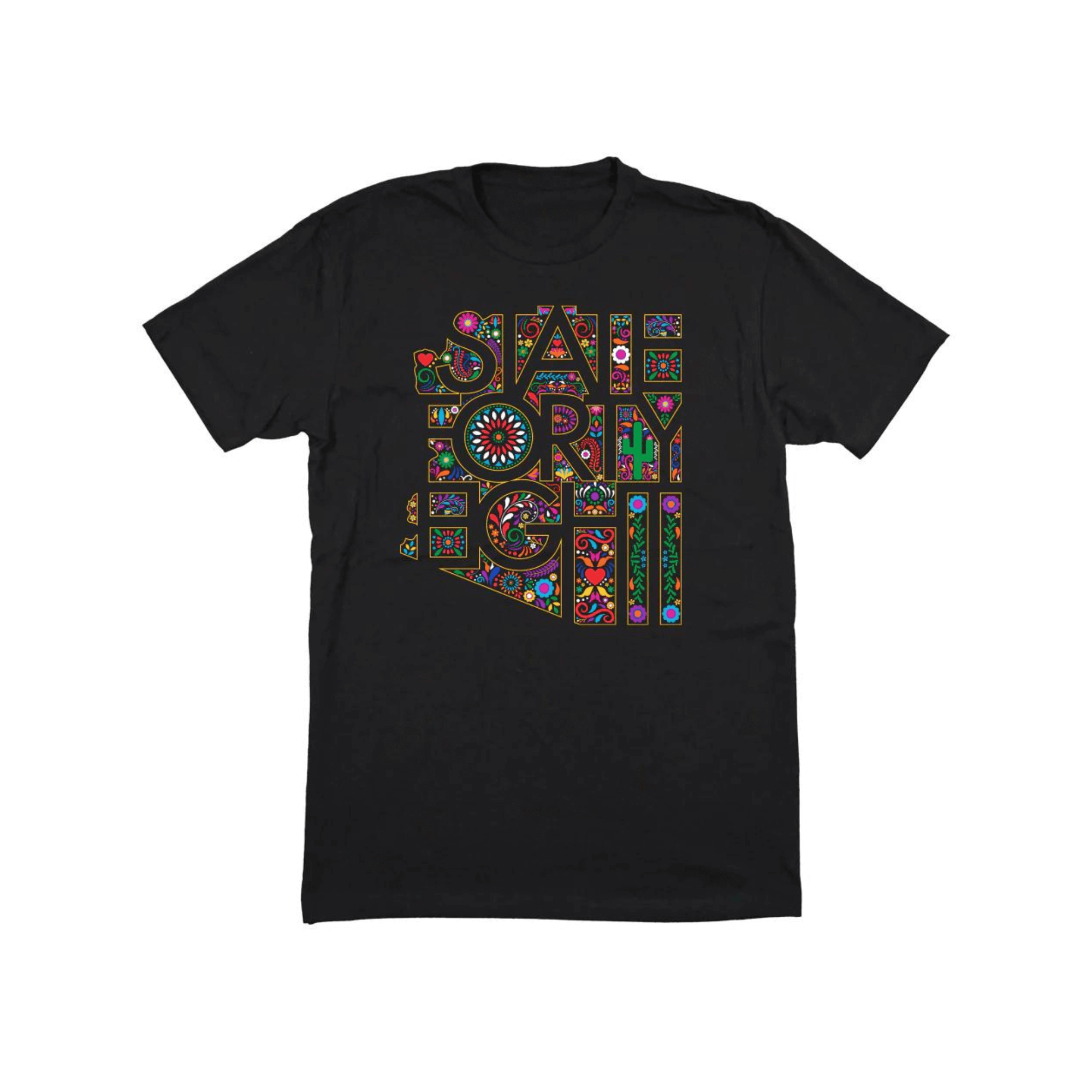 State Forty Eight Men's Crew Neck Hispanic Heritage shirt in black with colorful cultural design elements.