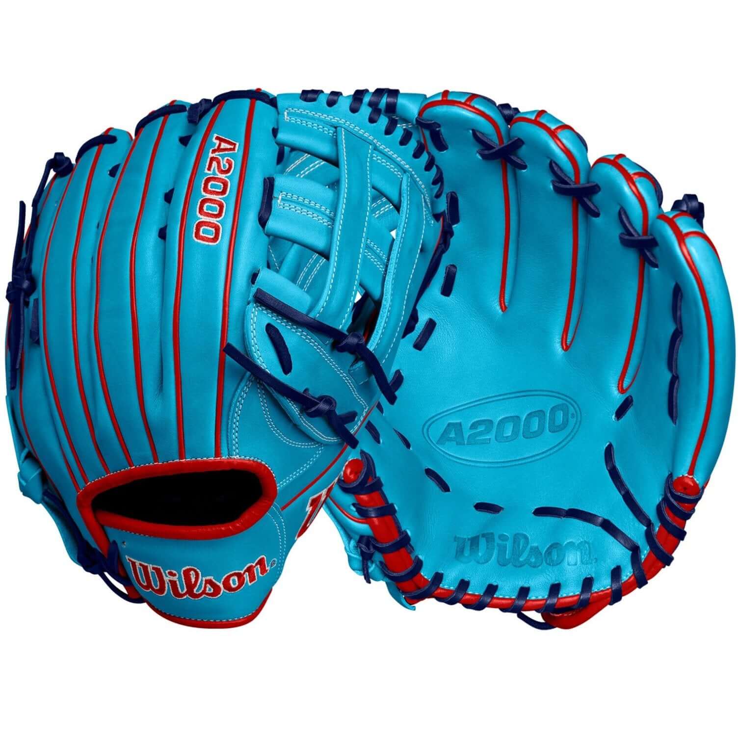 Wilson A2000 1750 outfield baseball glove in sky blue and red, 12.5", featuring improved control and fit.