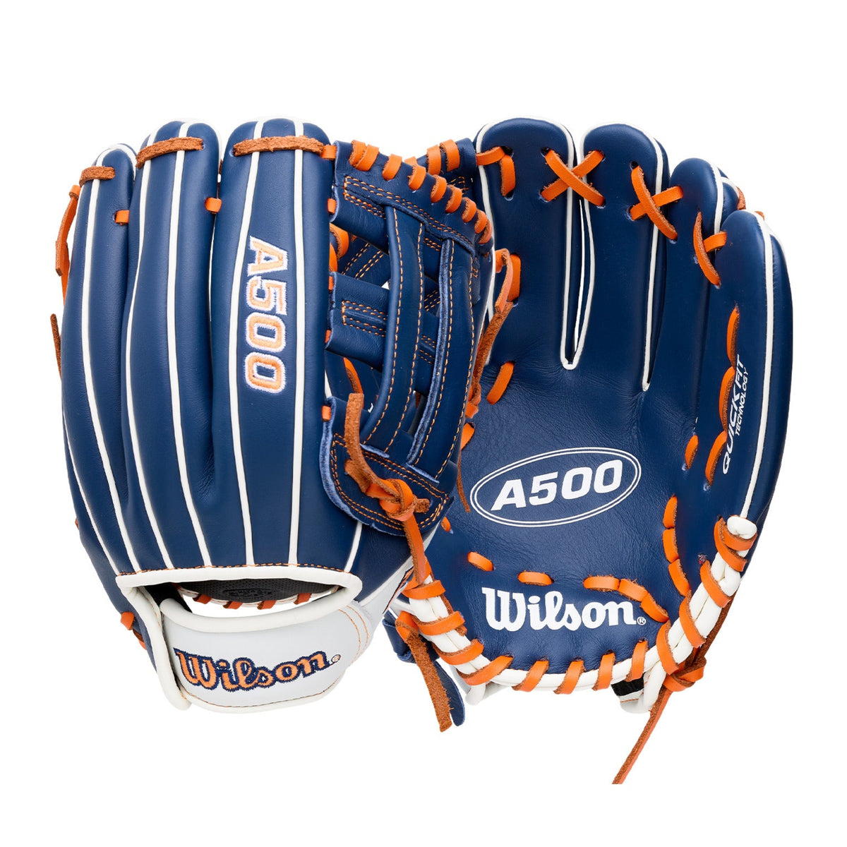 Wilson 2027 A500 10.5 Infield Youth Baseball Glove with blue and orange leather design for young players.