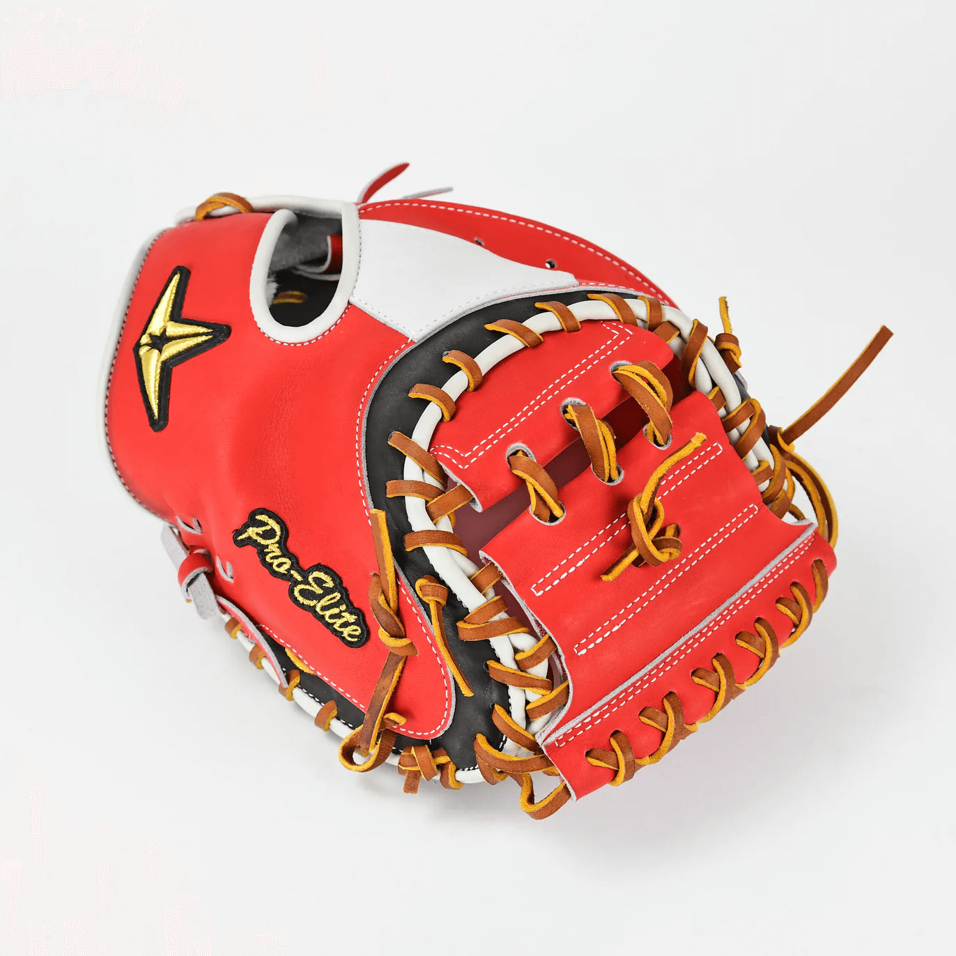 All-Star Pro-Elite Japan 34" Catchers Mitt Open Back Red/Black/White palm view with red lacing and logo patch