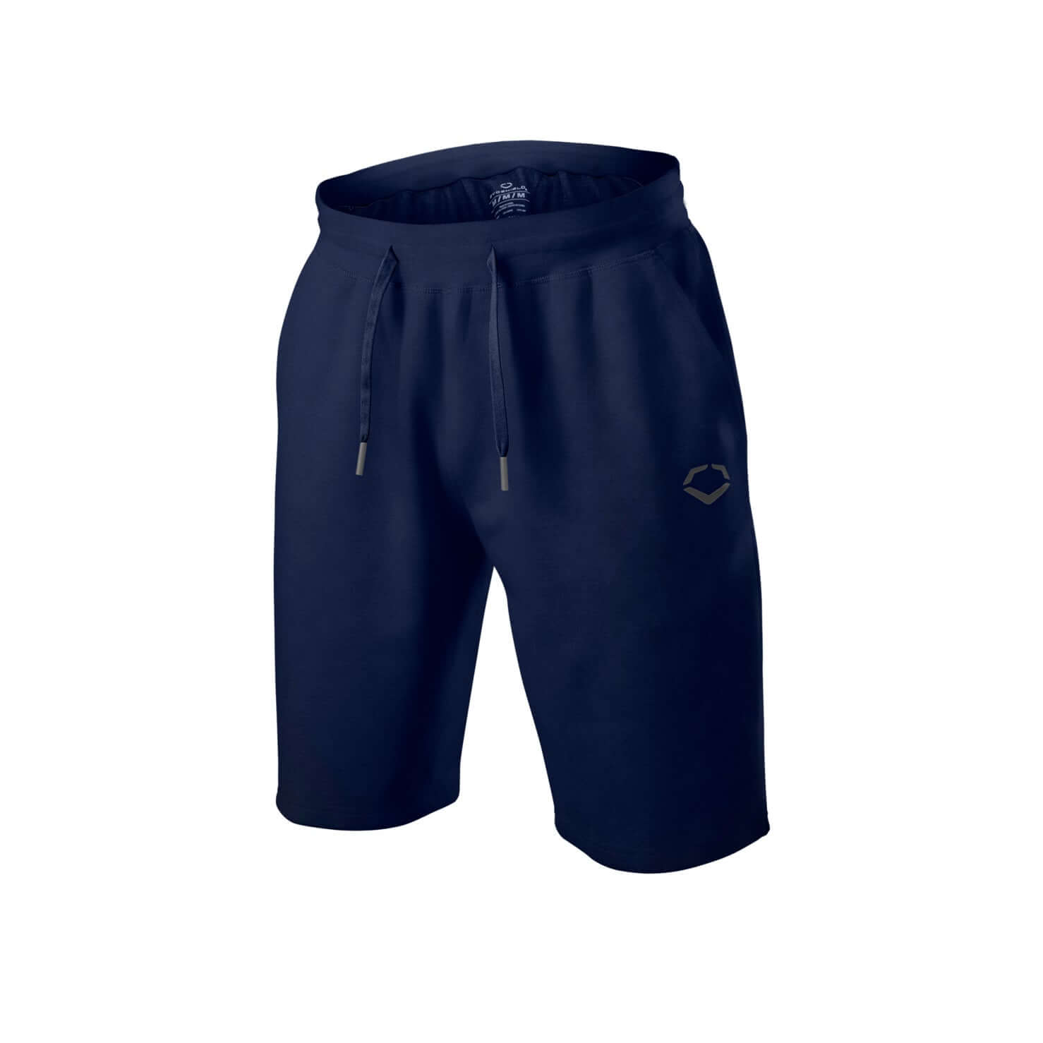 Evoshield Pro Team Clubhouse Shorts in navy, front view with elastic waistband and drawcord.