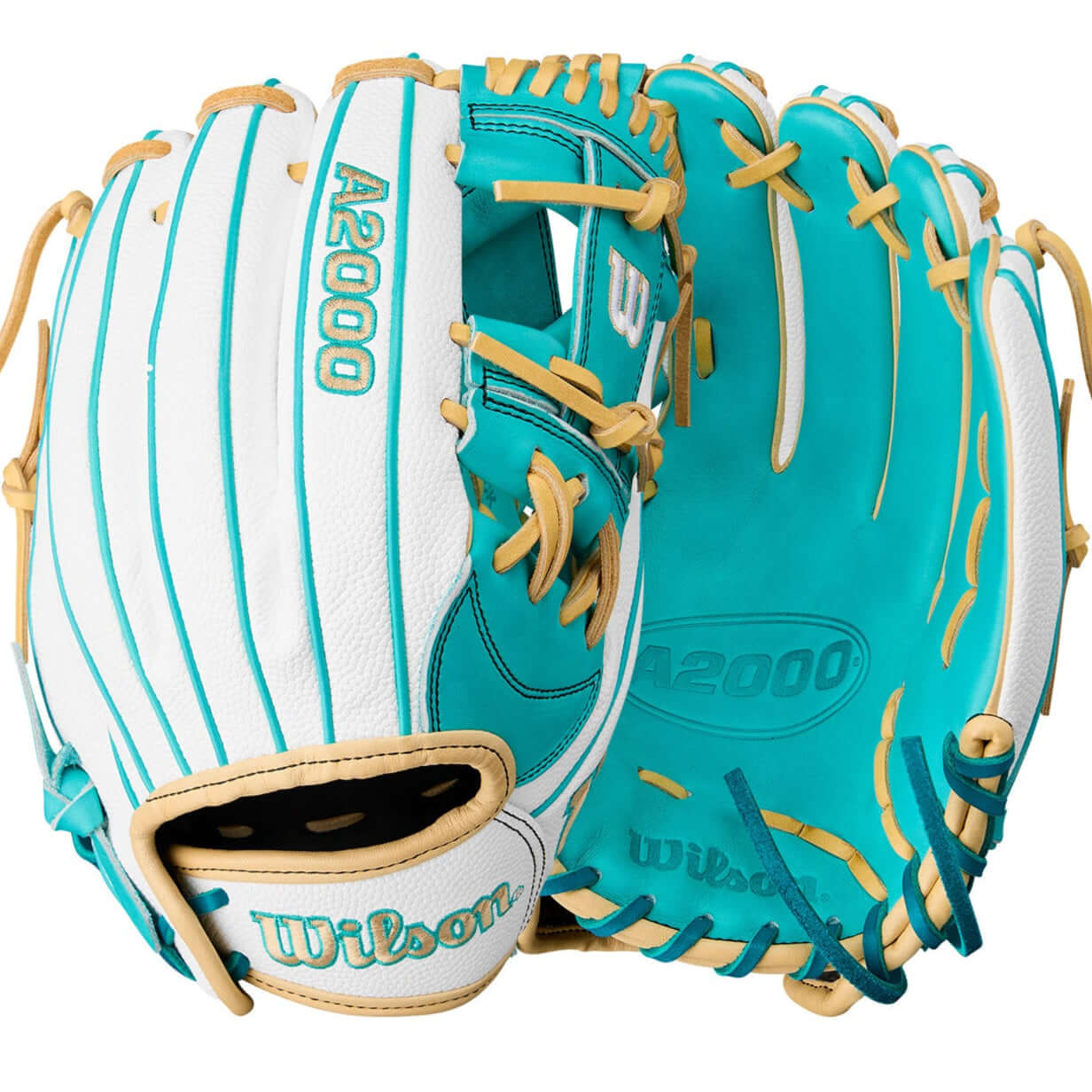 Wilson A2000 H12SS 12" fastpitch softball glove in teal and white, front and back view