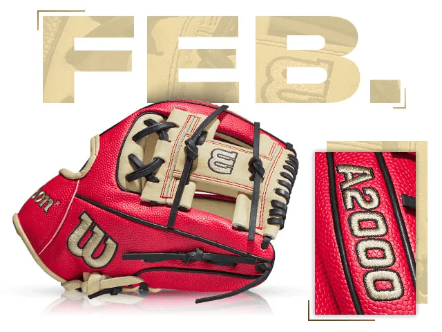 Wilson 100 GOTM February 2020 Custom A2000 1786 SS baseball glove in red and cream, showcasing A2000 detail.