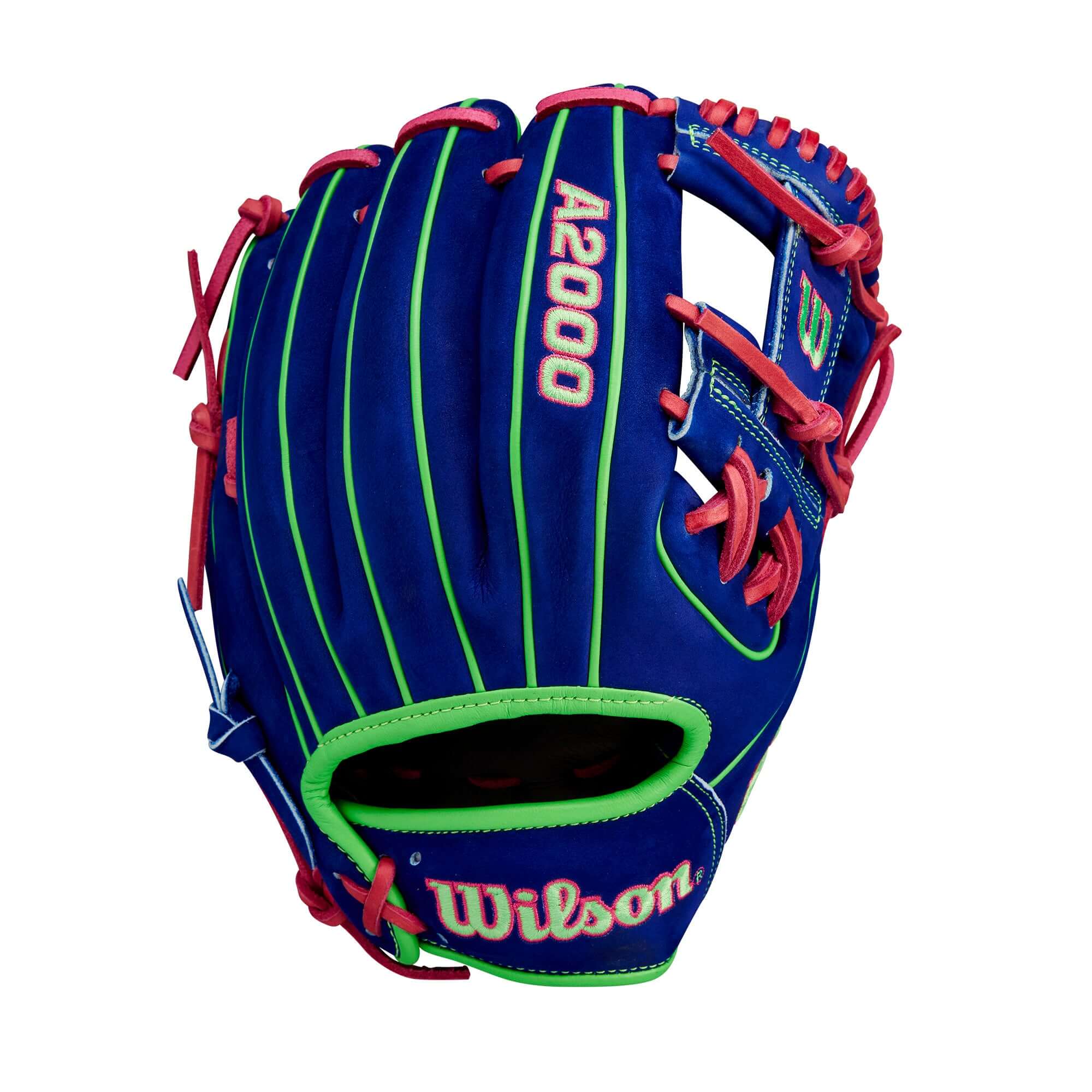 Wilson A2000 Glove of the Month 11.5", Blue Velvet with Neon Green and Flamingo Pink accents, Pro Stock leather.