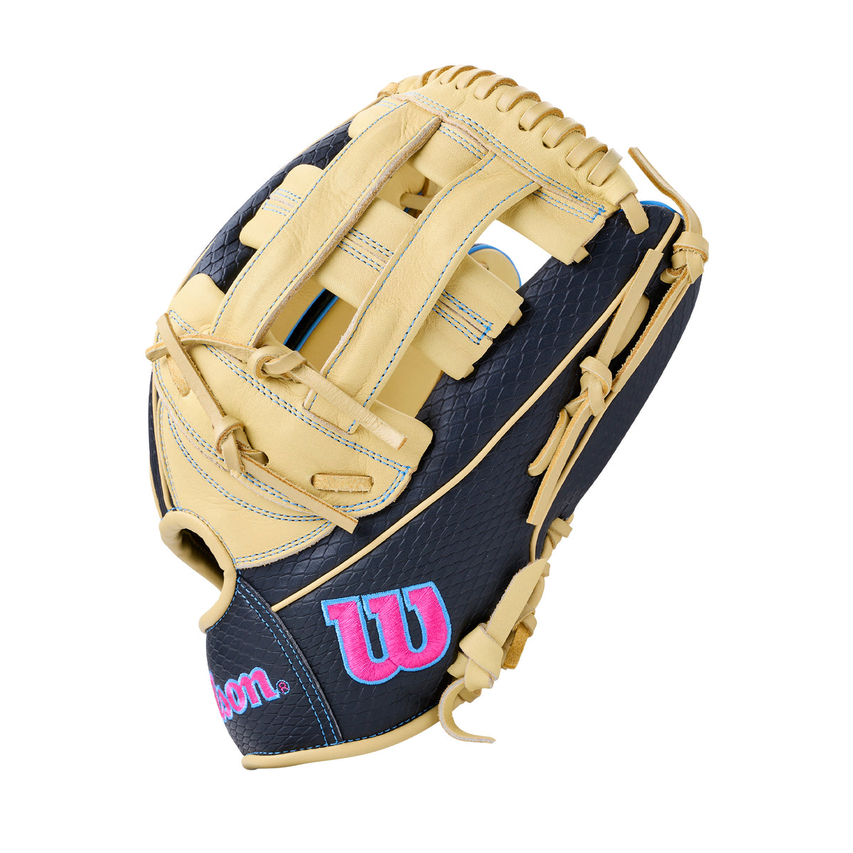 Wilson 2027 A1000 1750SS 12.5” Outfield Baseball Glove in black, blonde, and flamingo pink. Designed for right-hand throwers with snug fit.