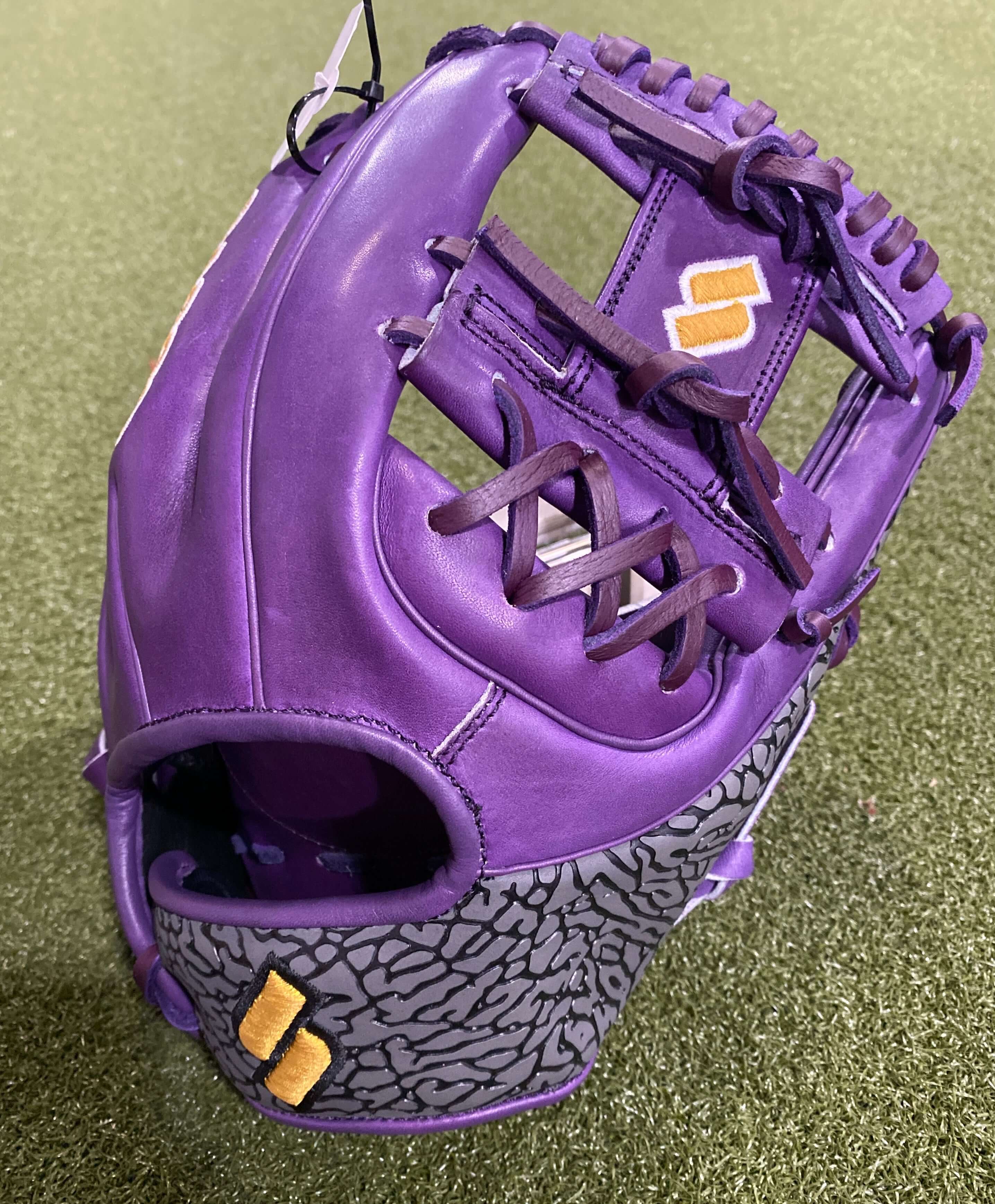 Sacco Ultra Premium RHT I-Web 11.75" baseball glove in purple and charcoal, showcasing its premium design and craftsmanship.