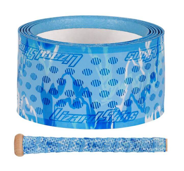 Lizard Skins DSP Ultra Bat Grip - 1.8 mm in blue with oval pattern and ridges, shown rolled and wrapped on a bat handle.