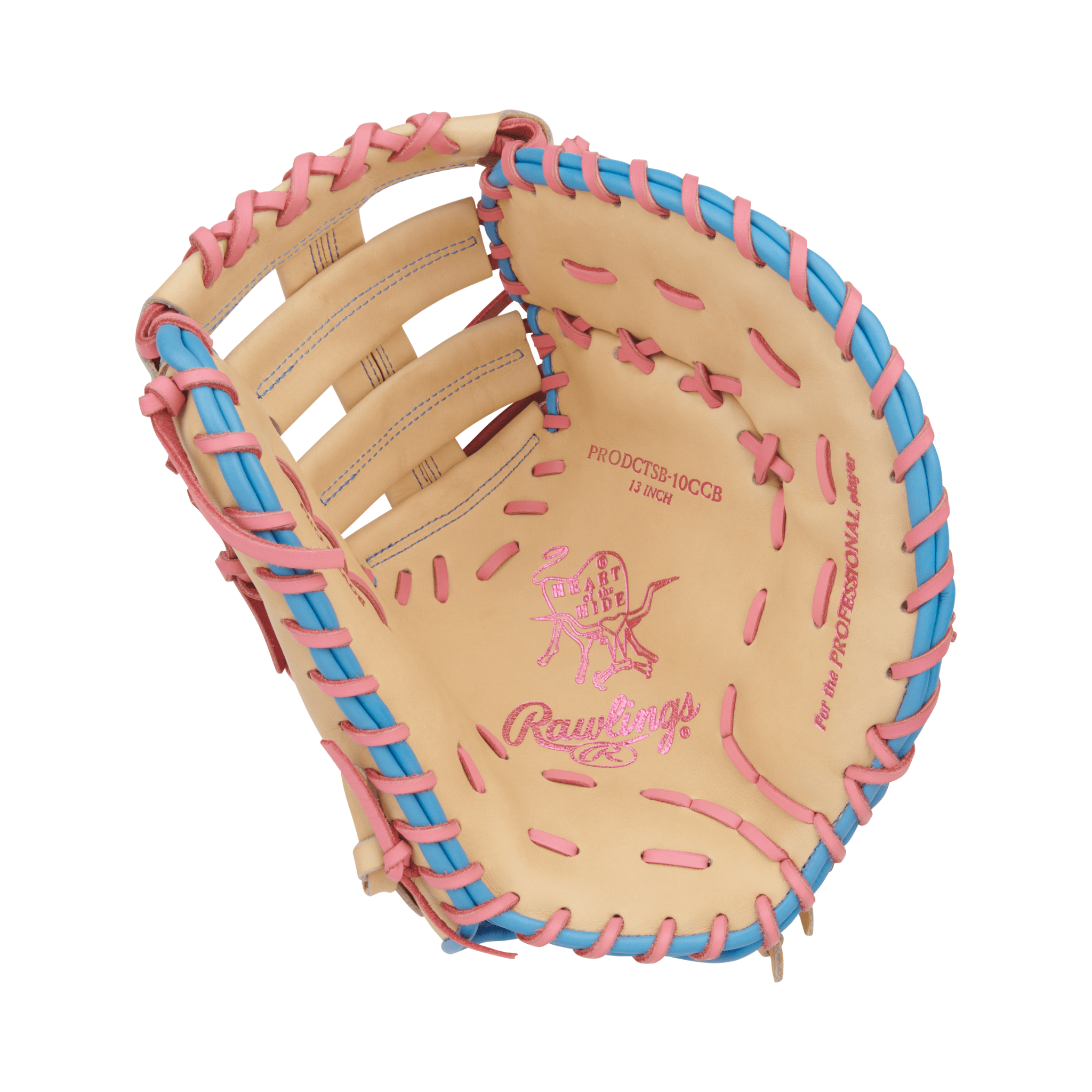 Rawlings Heart of the Hide 13 inch first base mitt, camel, pink, and Columbia blue design for softball.