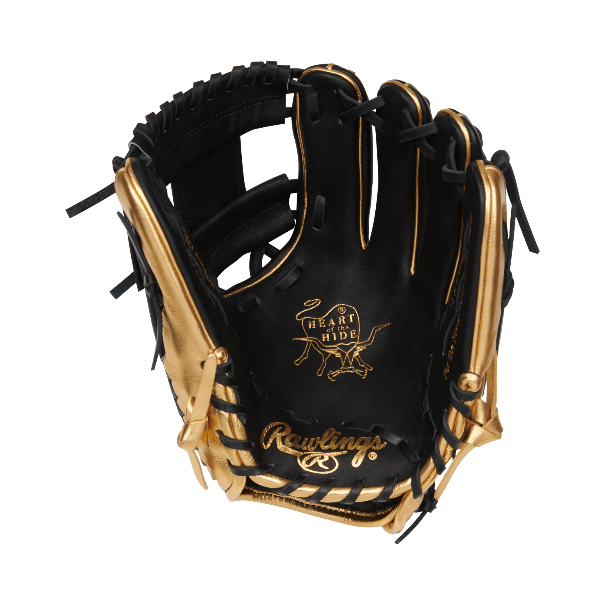 Rawlings Gold Glove Club RGGC PROGOLDYVIII infield glove showcasing black and gold design with Heart of the Hide leather.