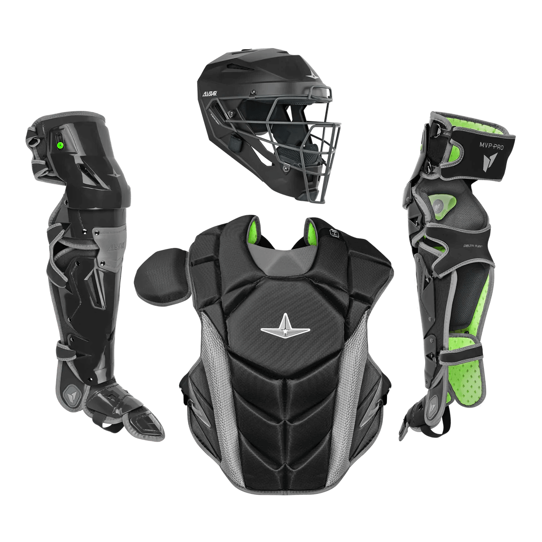 All-Star MVP-PRO™ Series Adult Catcher's Kit showcasing helmet, chest protector, and leg guards in black and green colors.