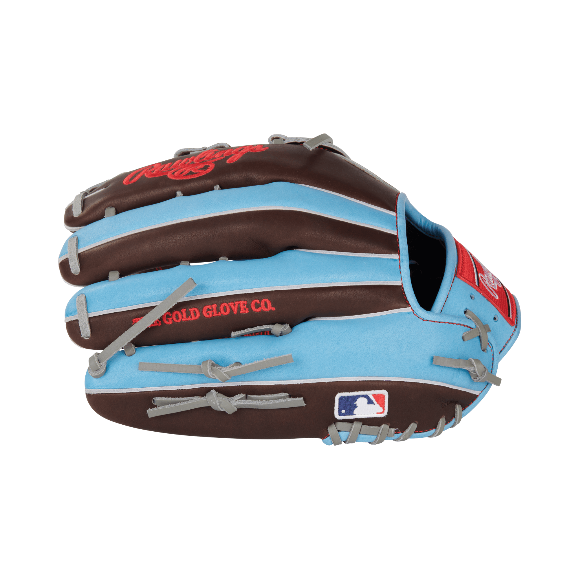 Rawlings Heart of the Hide 12.75-inch outfield glove in blue and brown, designed for right-hand throwers.