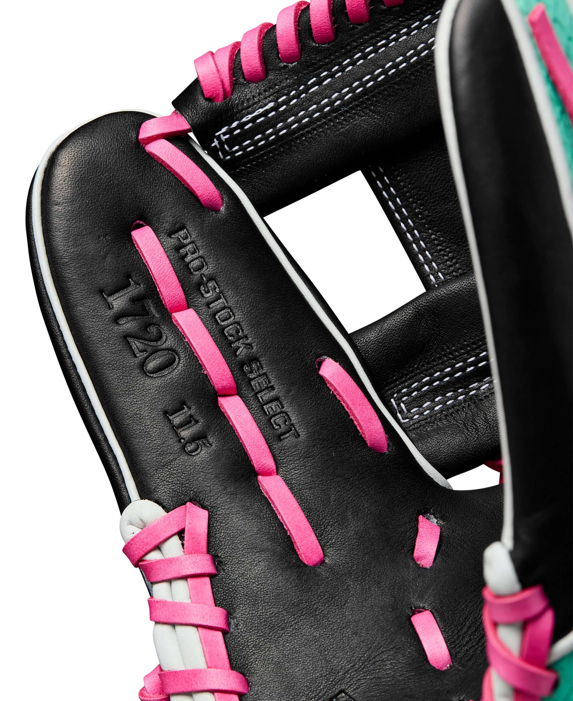 Close-up of the Wilson A2K 1720SS infield glove showcasing Pro Stock Select leather and vibrant pink lacing.
