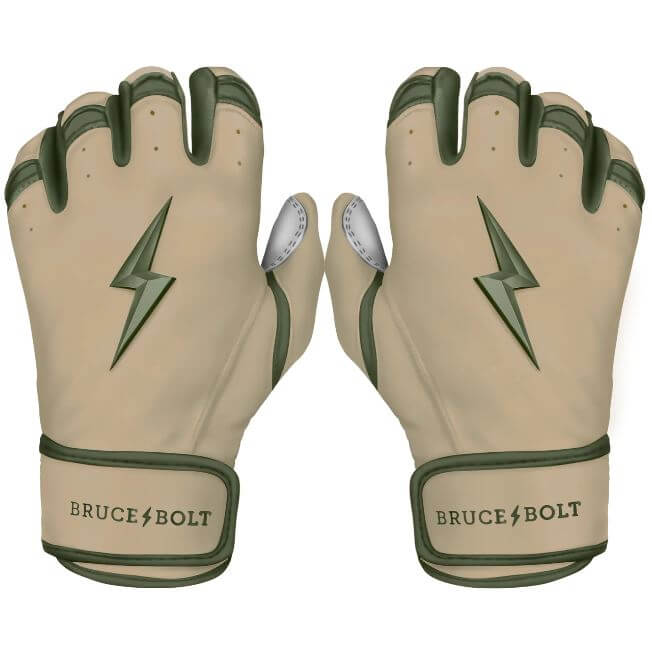 Bruce Bolt Youth Military Short Cuff Batting Gloves front and back view with military edition design.