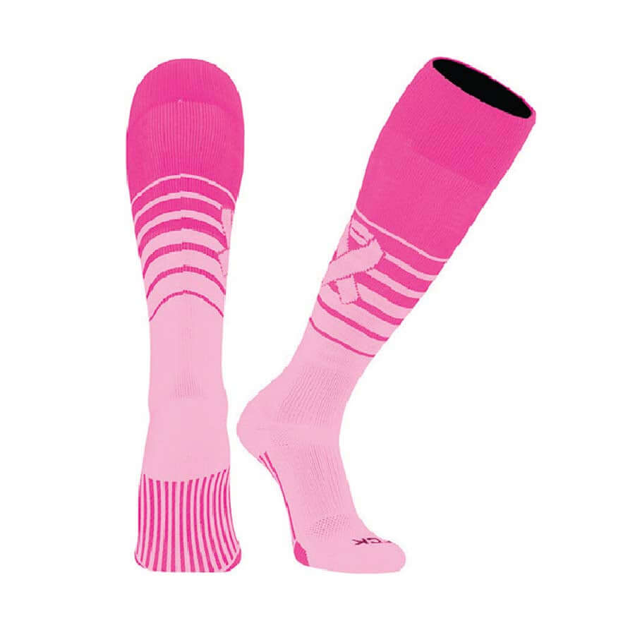 TCK Breaker Aware Breast Cancer Awareness Over the Calf Socks featuring pink ribbon and striped pattern for sports.