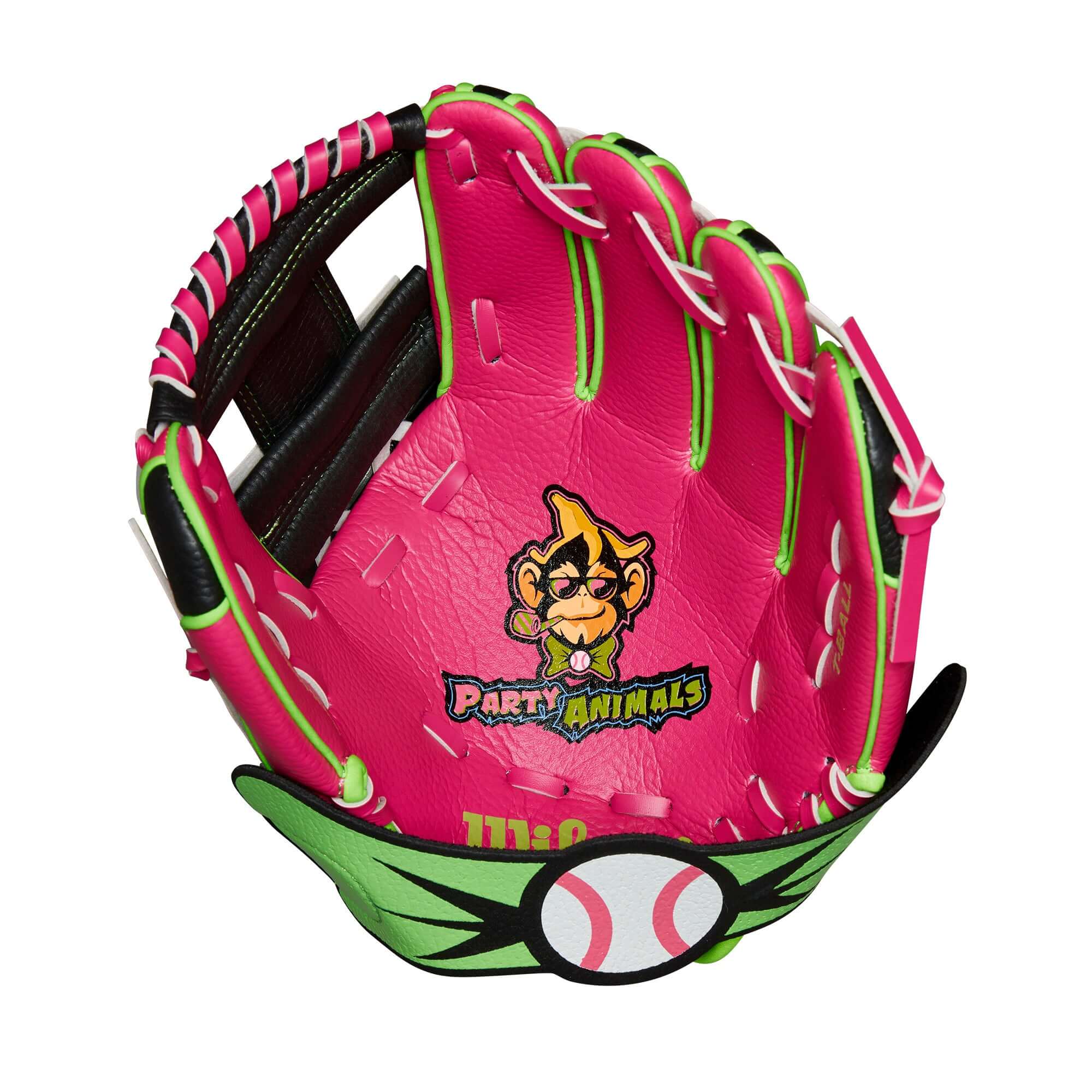 Wilson 2024 A200 Party Animals EZ Catch glove in pink and black with flamingo design and logo.