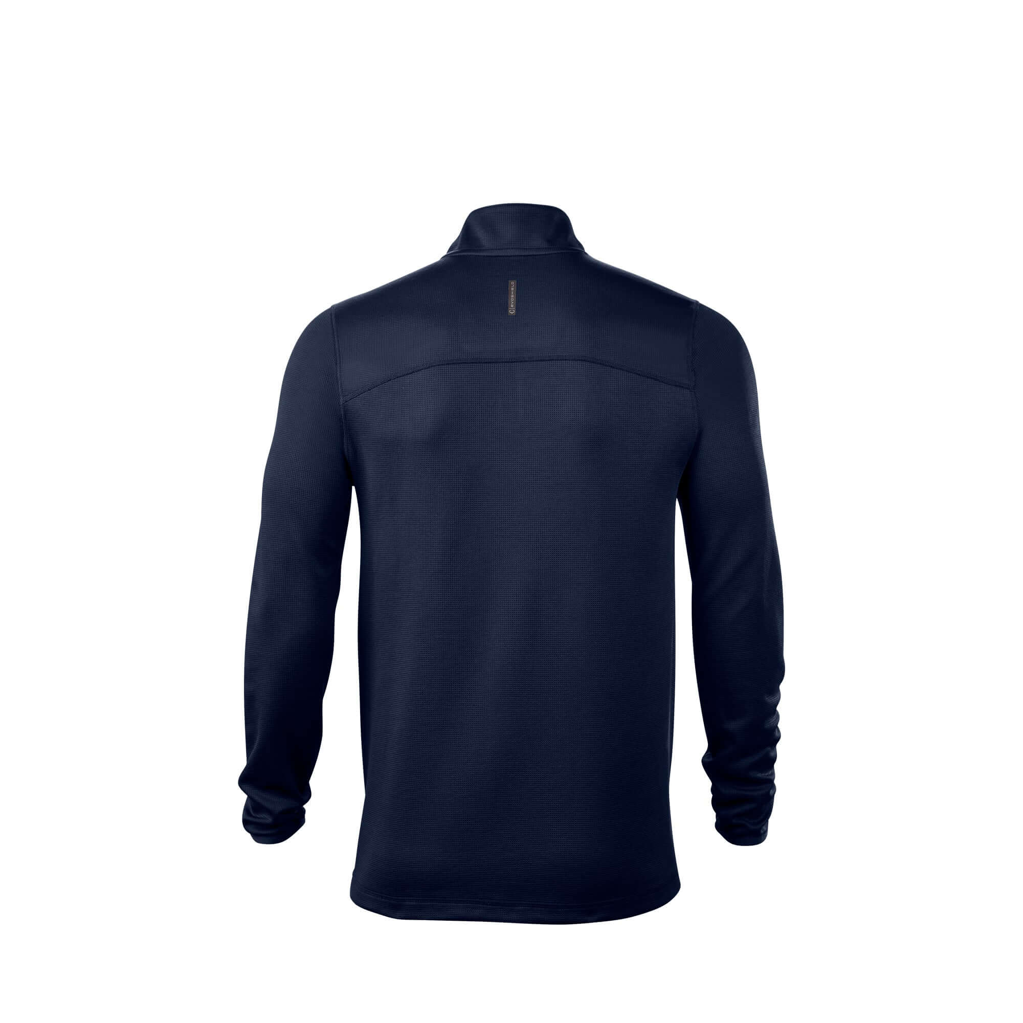 Back view of Evoshield Men's Lightweight 1/4 Zip pullover in navy blue, ideal for layering during sports activities.