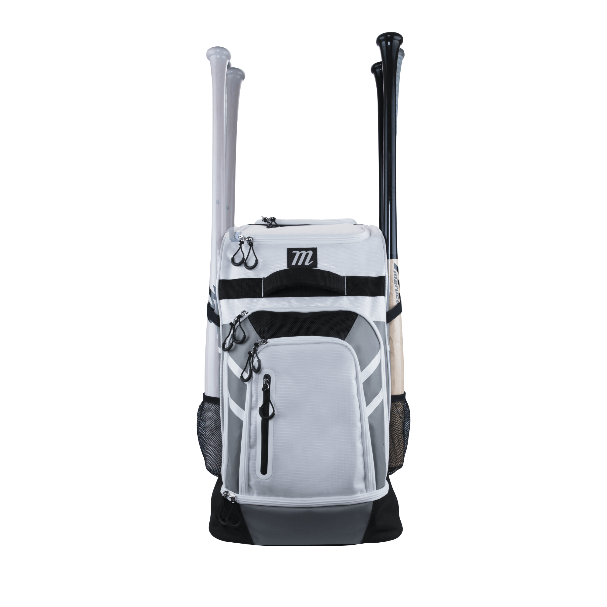Marucci Convoy Wheeled Bat Pack in White/Gray with multiple bat slots and front zipper pocket for baseball gear storage.