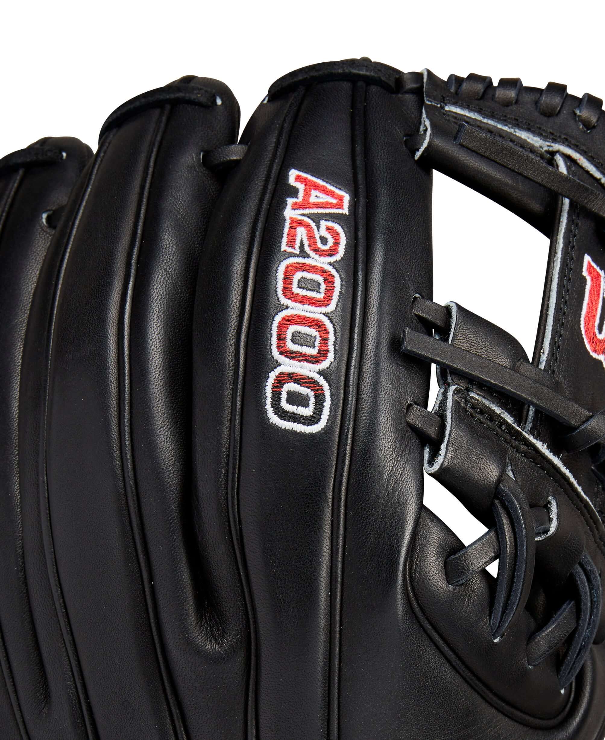 Close-up of Wilson A2000 1786 glove showing all-black Pro Stock leather and bold A2000 logo.