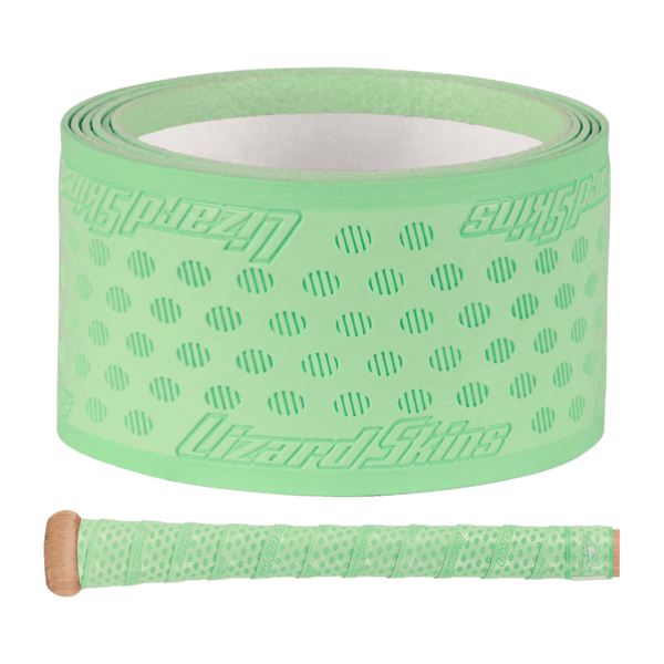 Lizard Skins DSP Ultra Bat Grip - 0.5 mm in mint color with oval pattern and logo, with a rolled tape and a wrapped handle view.