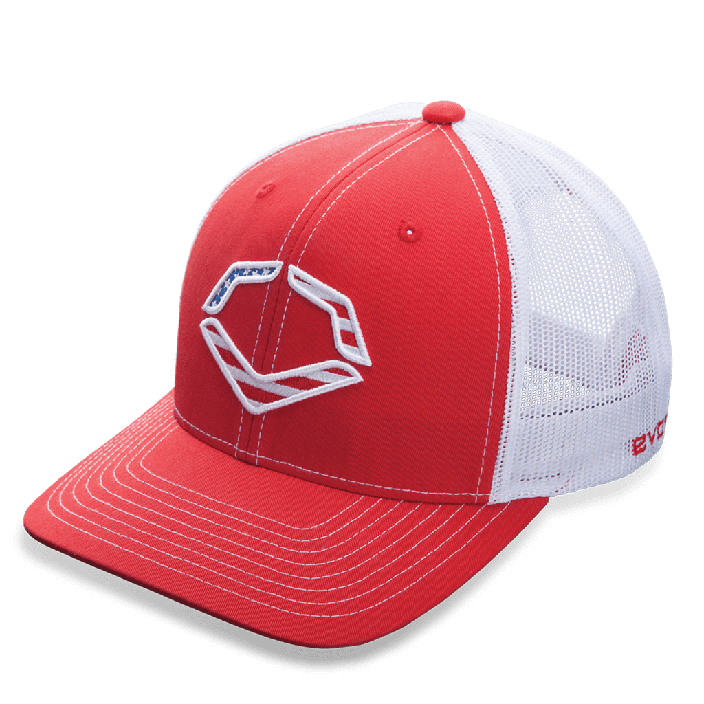 Evoshield USA trucker snapback hat with American flag design and breathable mesh back for comfort.