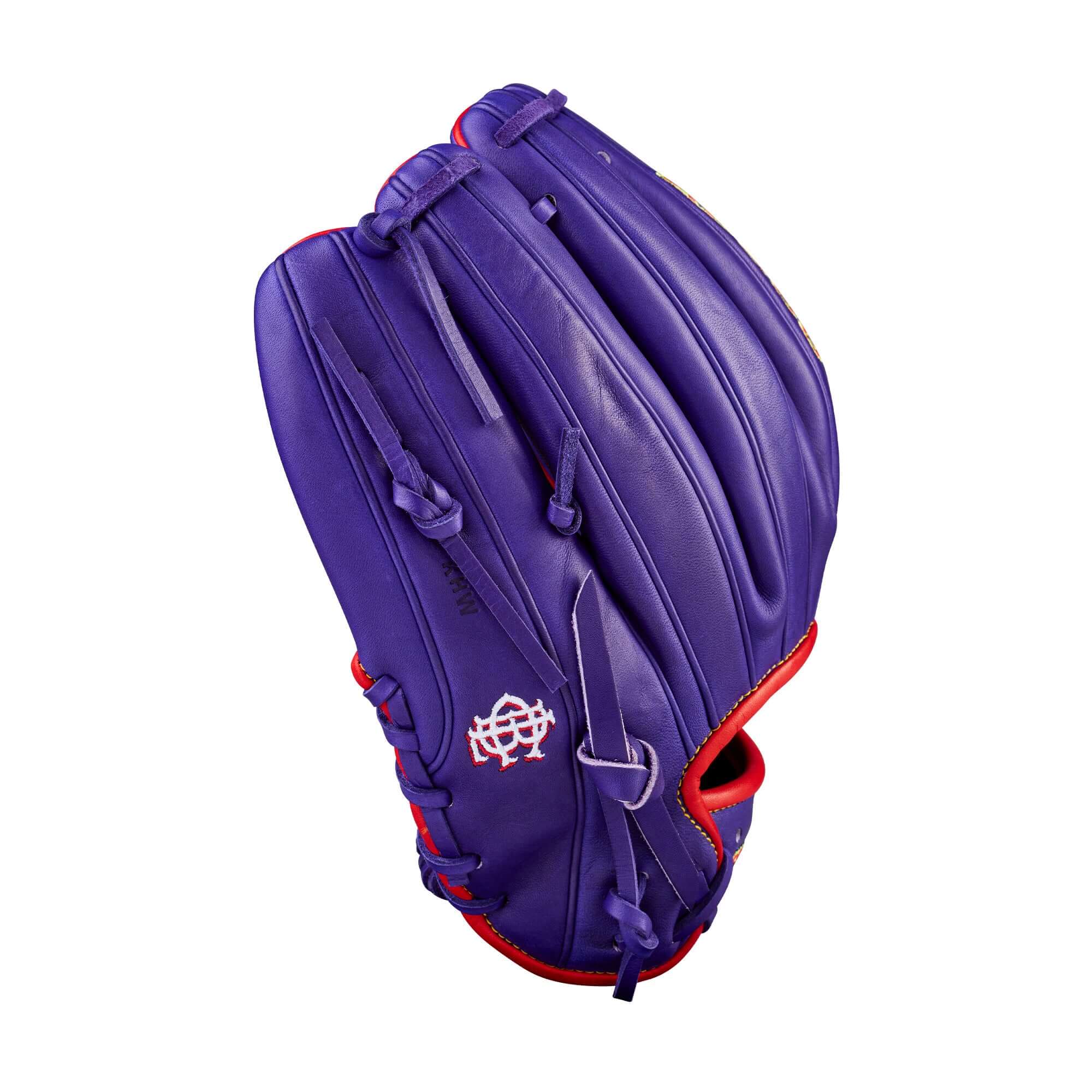 Backhand view of Wilson Ground Ball Grape A2000 1786 11.5" Infield Baseball Glove with H-web and red lacing.