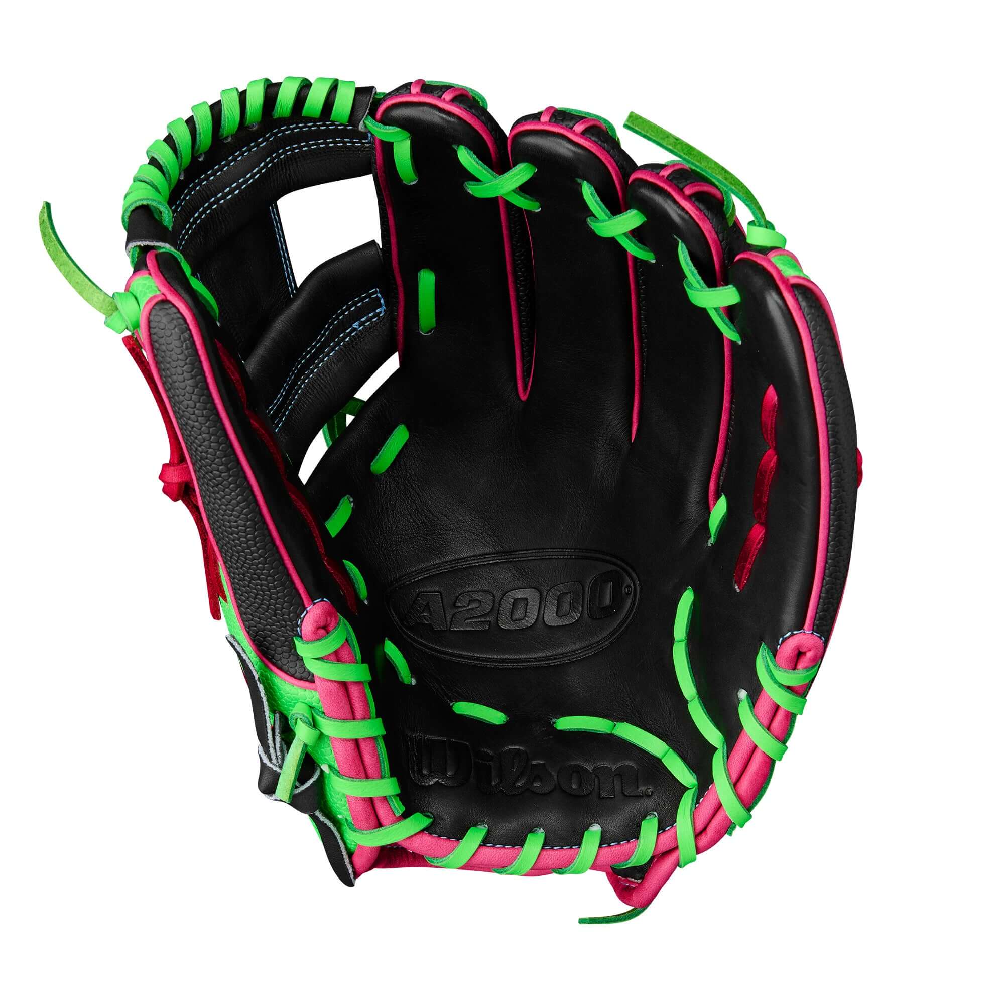 Wilson A2000 1786SS infield baseball glove black with neon green and flamingo pink lacing, 11.5 inches.
