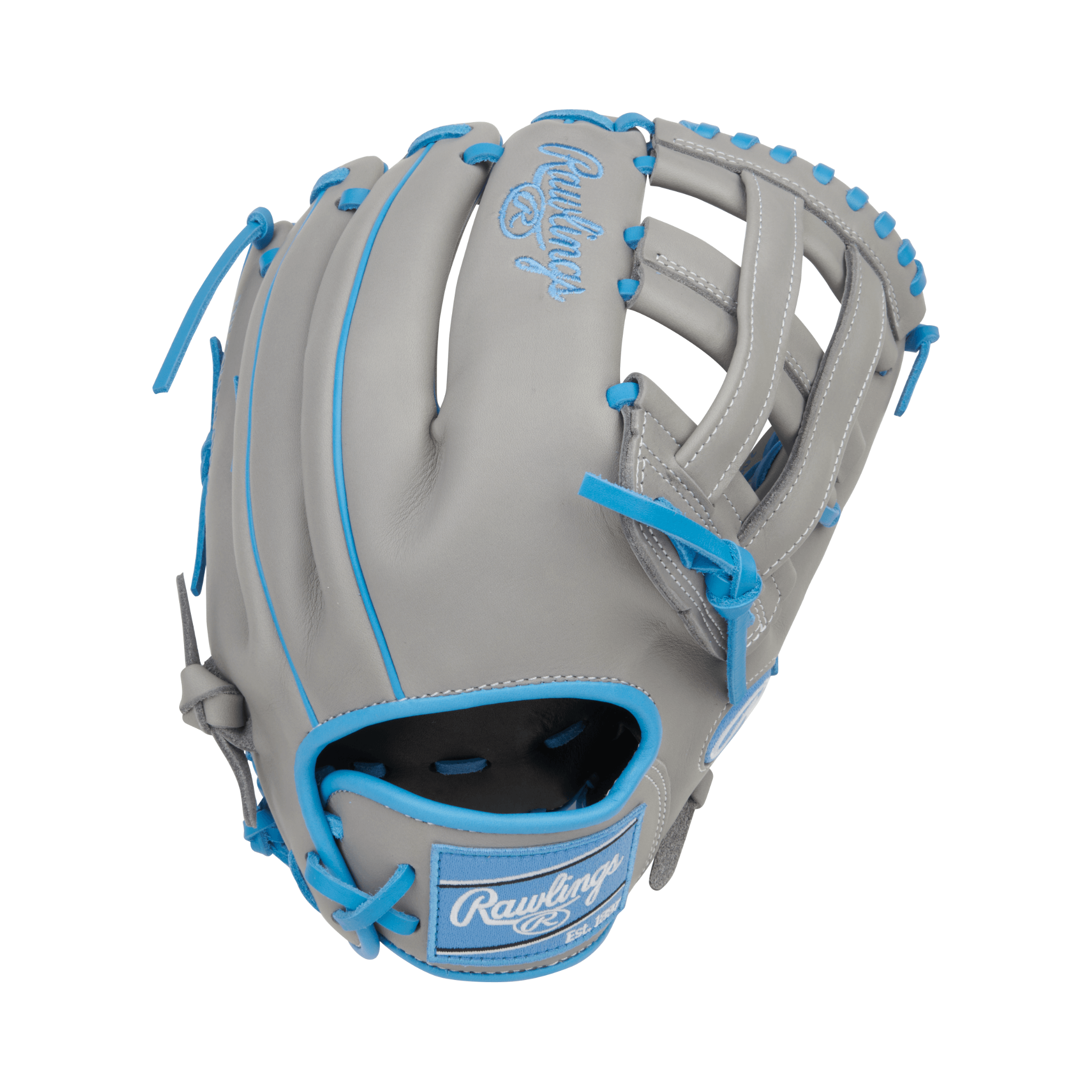 Back view of Rawlings NXT 12.25" Gray/Columbia Blue glove showing ContoUR Fit design and Columbia Blue accents