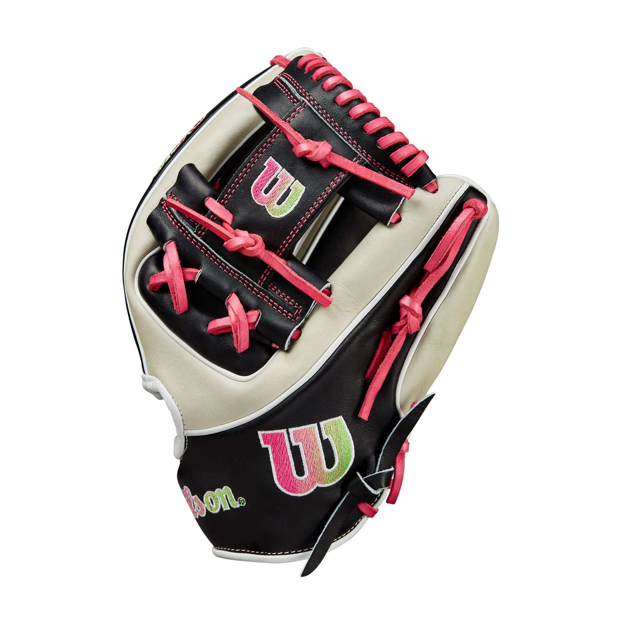 Wilson A2K 1724 11.75" glove in black and silver with pink accents and bold logos, designed for improved fielding performance.