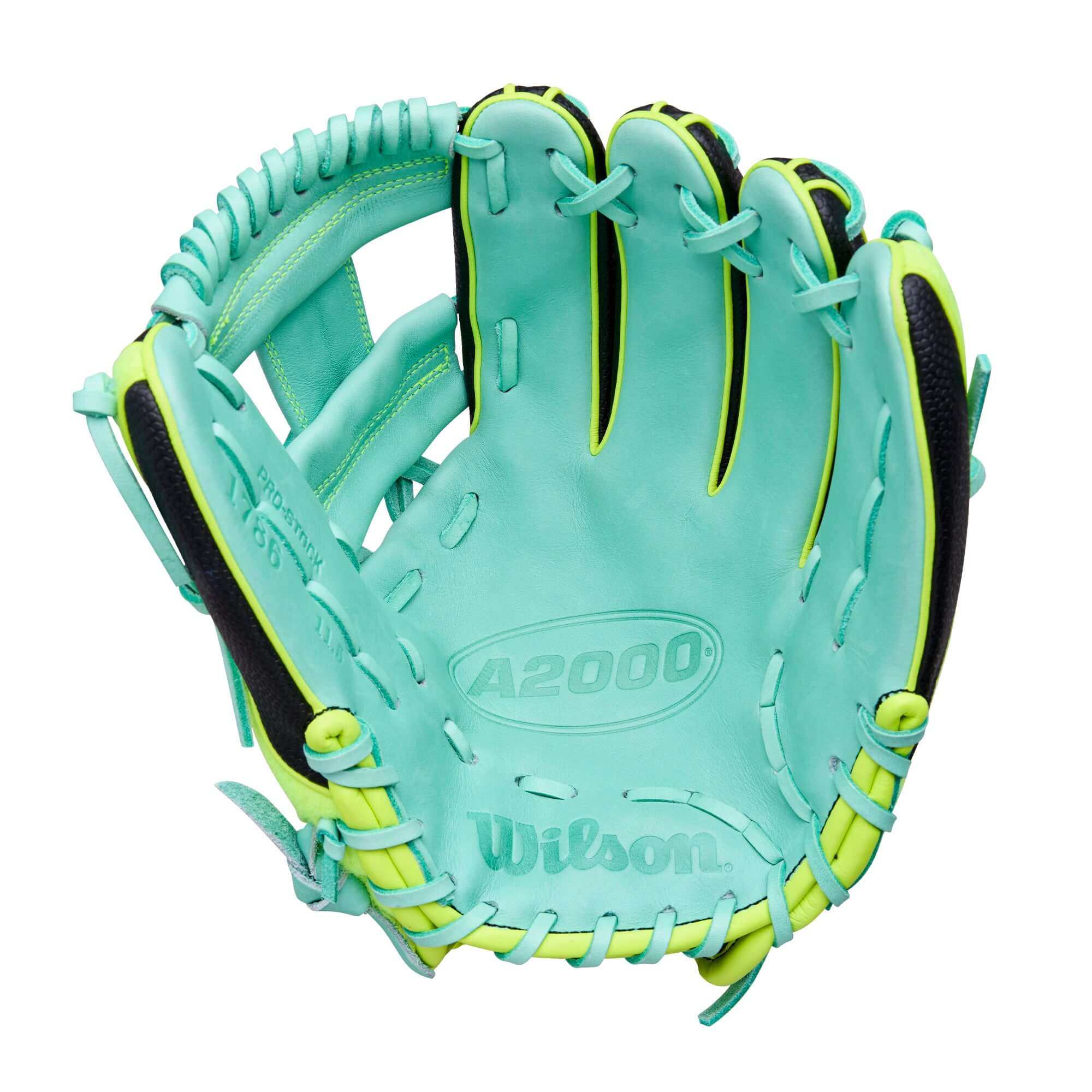 Wilson 2025 A2000 1786SS Tennis 11.5” glove palm view showcasing shallow pocket and H-Web.