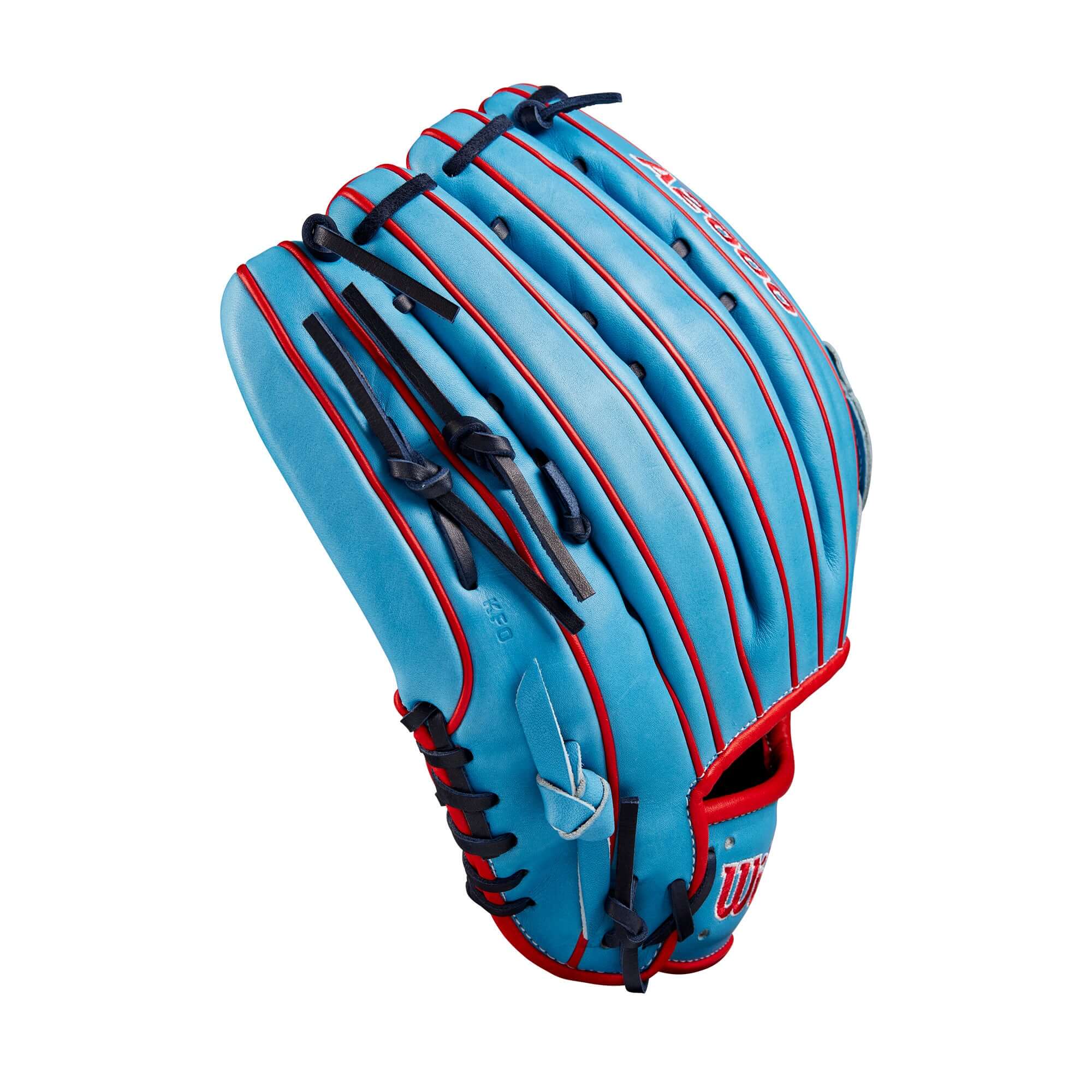 Wilson Fall 2024 A2000 1750 outfield baseball glove in blue and red, 12.5 inches, designed for enhanced control and fit.