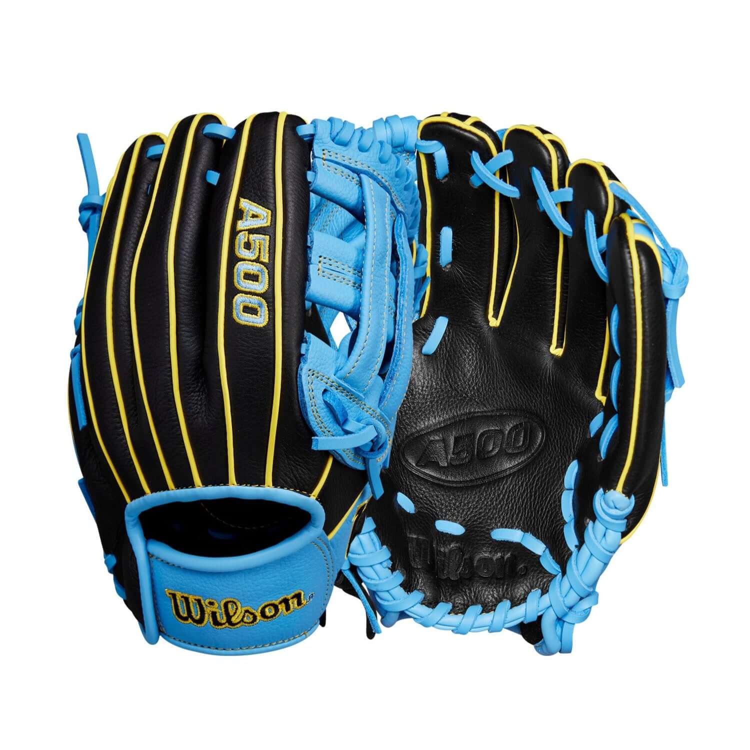 Front and back view of Wilson A500 Utility Glove in Black/Cool Blue/Yellow, showcasing its Top Grain leather and Quick Fit wrist strap.