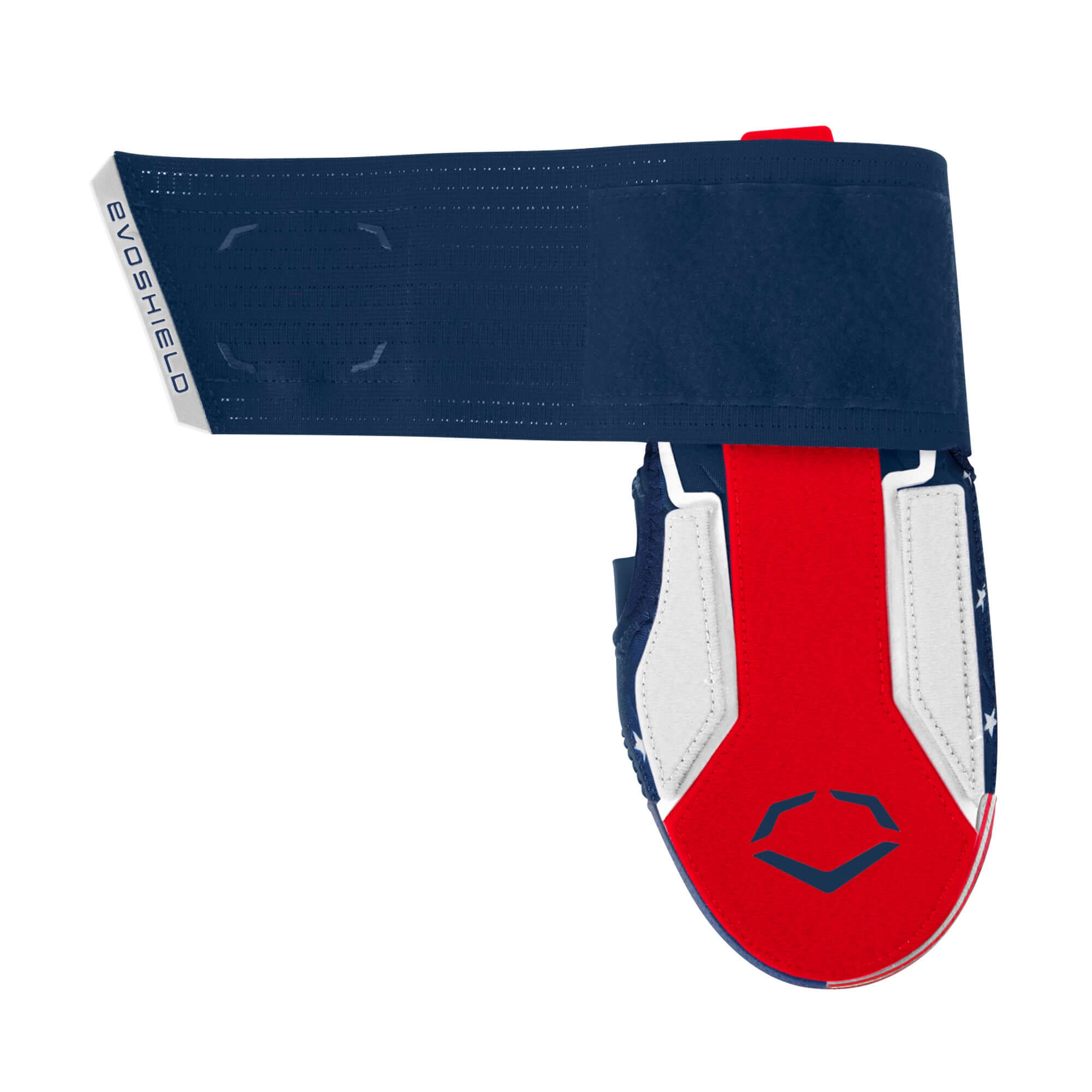 Evoshield X-SRZ Patriot Sliding Mitt 2.0 in white, scarlet, and navy, featuring rubber finger bumper and thumb hole cover for durability.