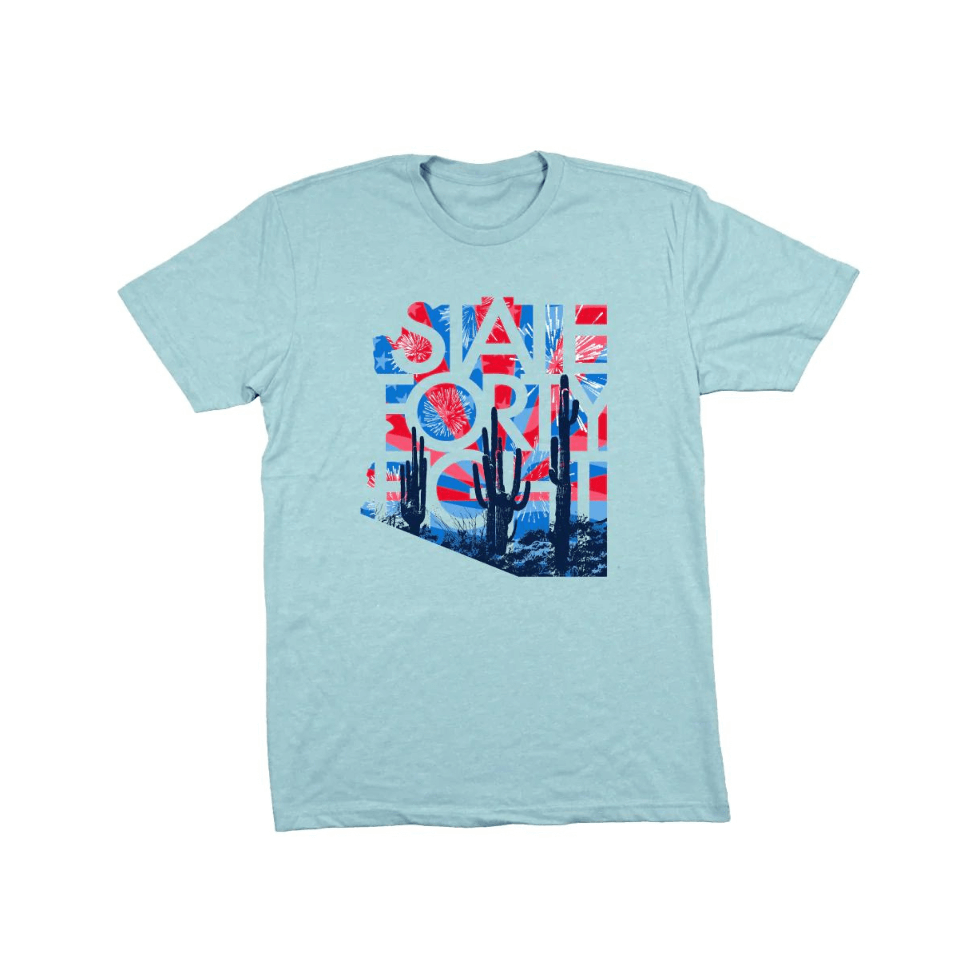 Ice blue crew neck shirt featuring Arizona cactus and Independence Day design for patriotic celebration.