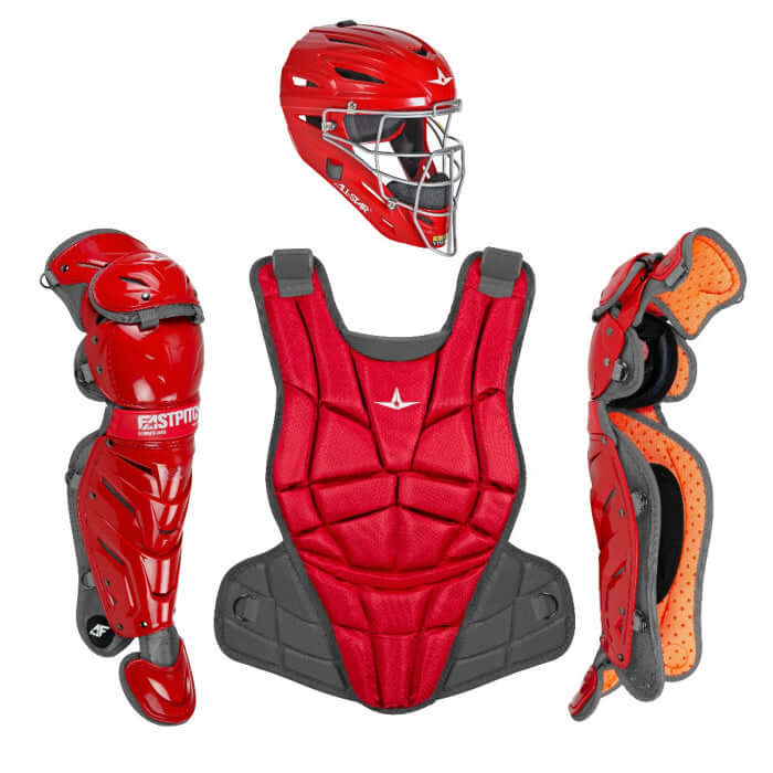 All-Star AFx Fastpitch Catching Kit / Medium, red gear front view featuring helmet, chest protector, and leg guards with interior padding detail.