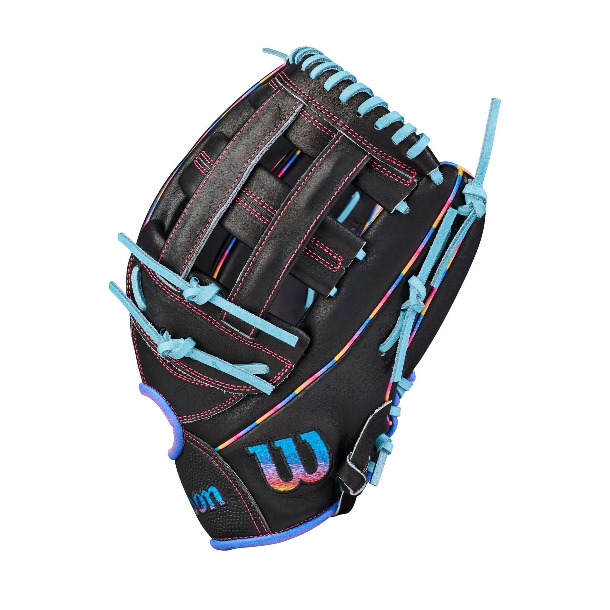 Backhand view of Wilson 2026 Love the Moment 1750 12.5” Outfield Baseball Glove showing black leather, blue laces, and iconic logo.