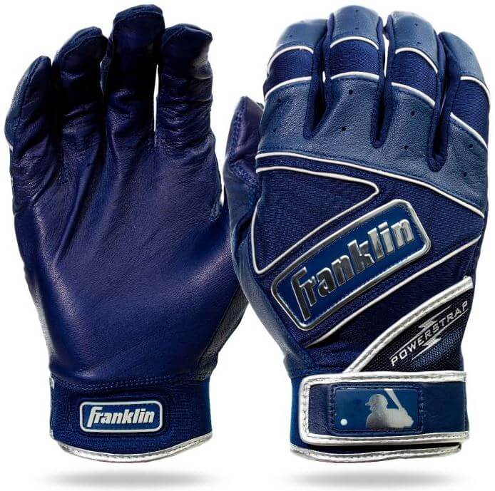 Franklin Powerstrap Chrome Series Navy gloves in smooth sheepskin leather, featuring snug wrist closure for baseball.