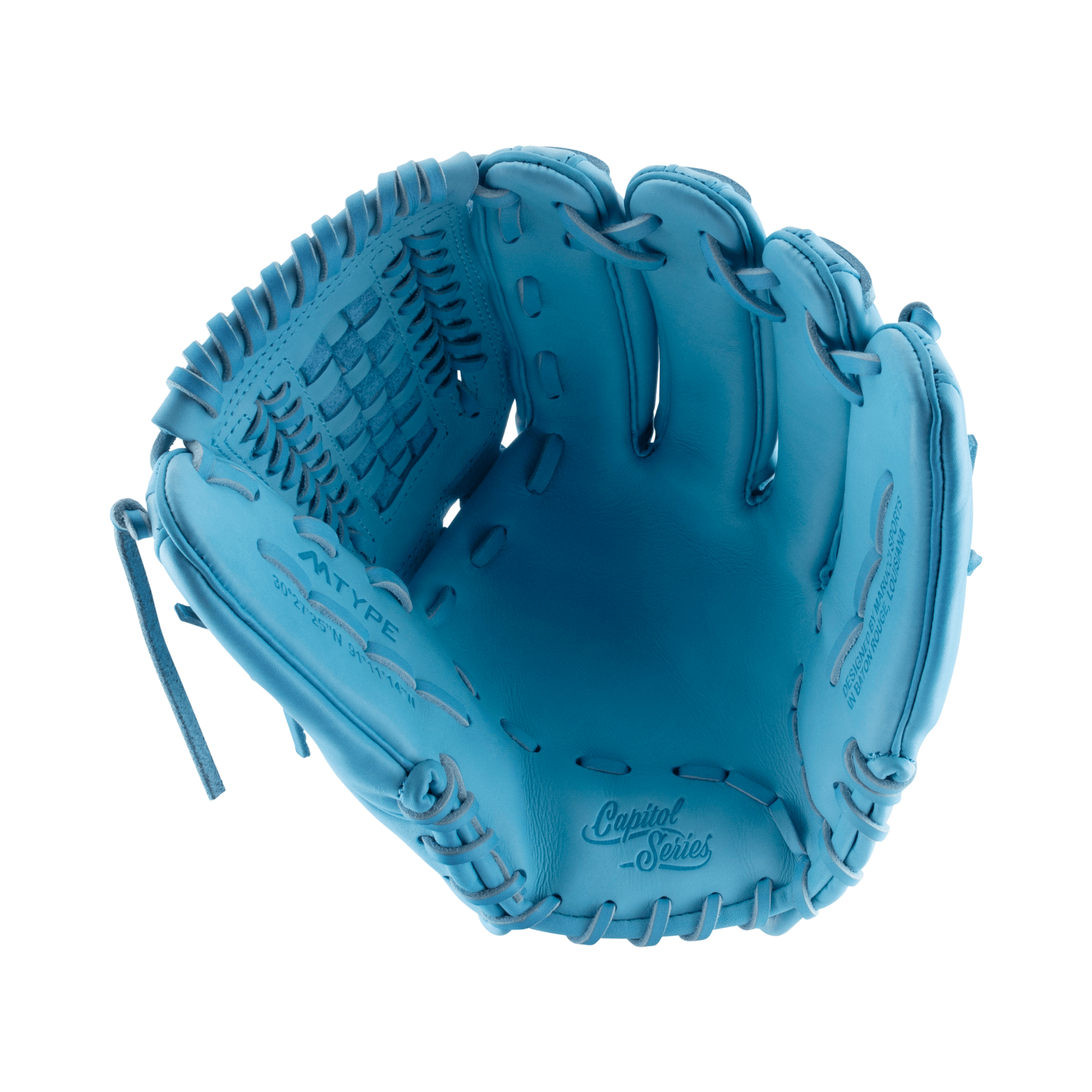 Marucci Capitol Series KG34 Basket T glove in blue with M Type fit system and enhanced thumb stall cushioning.