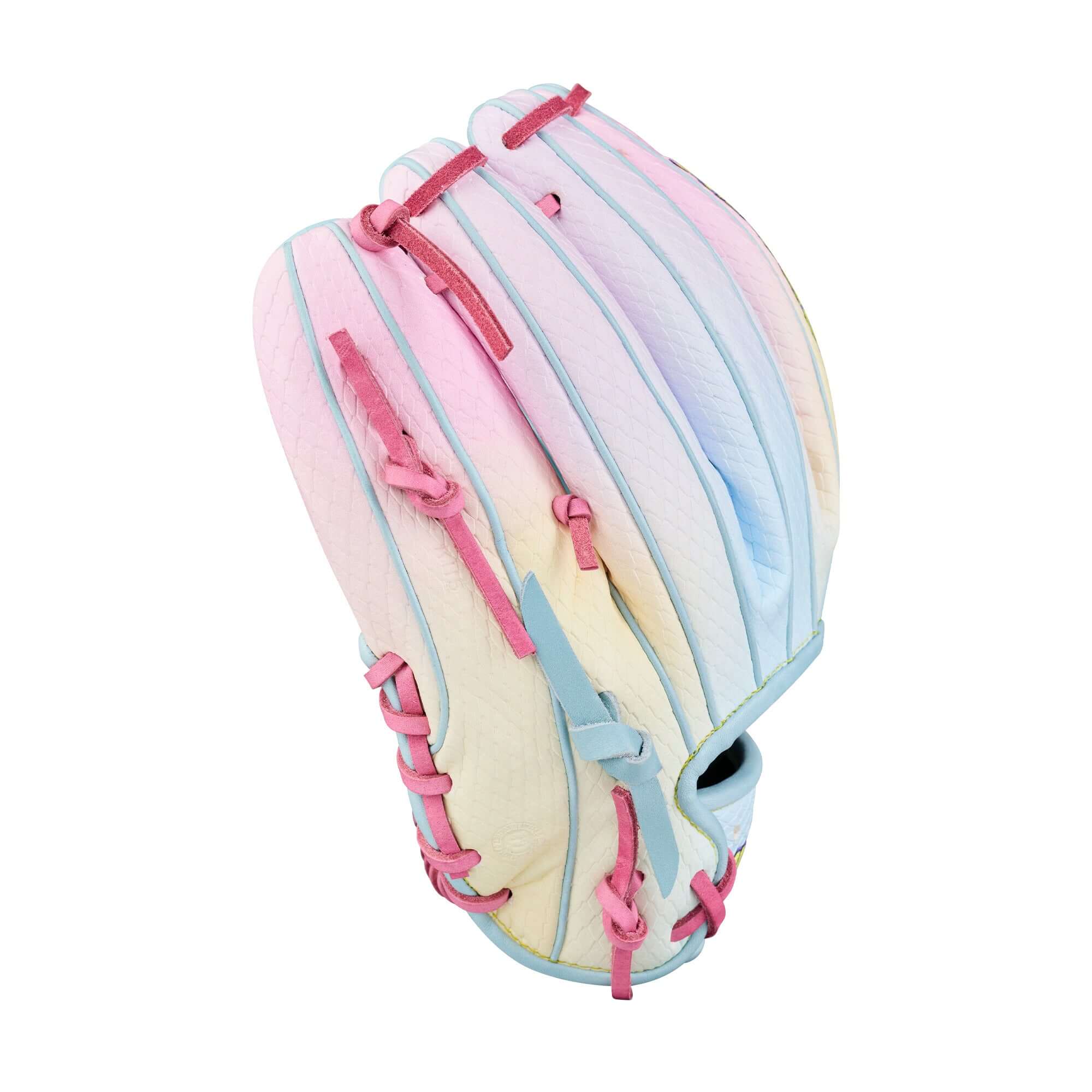 Wilson A2000 1786 11.5" April 2026 GOTM Pastel Clouds Infield Glove backhand view with pink and blue lacing