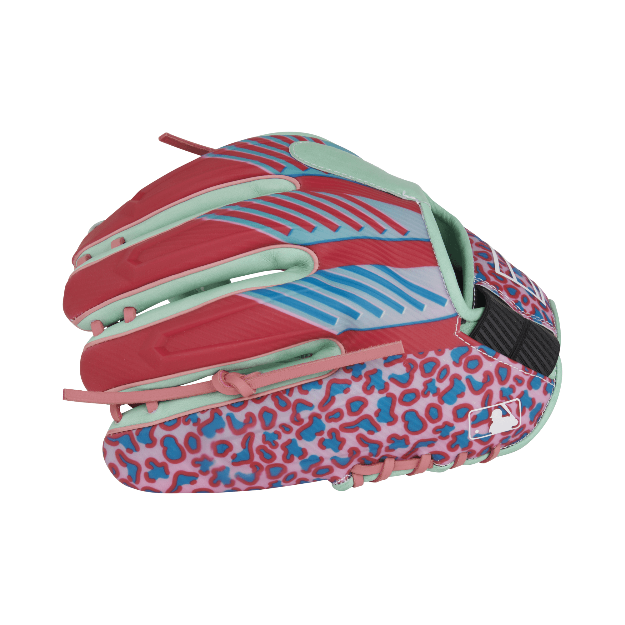 Rawlings Heart Of The Hide Color Sync 8.0 baseball glove with leopard print trim in red, pink, and blue.