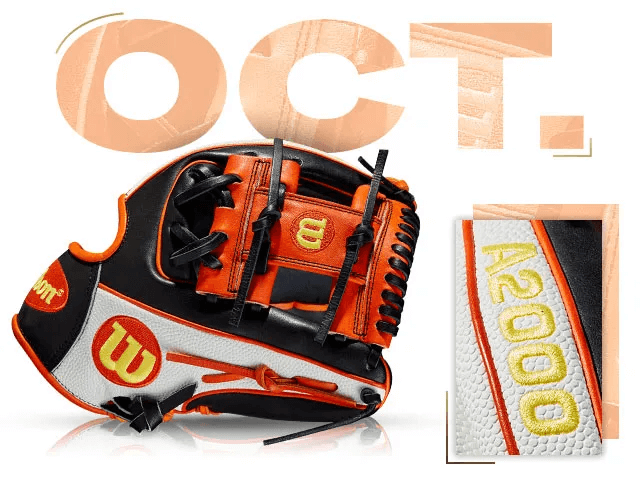 Wilson 100 GOTM October 2018 Miguel Rojas A2000 1786 glove in black and orange with promotional text.