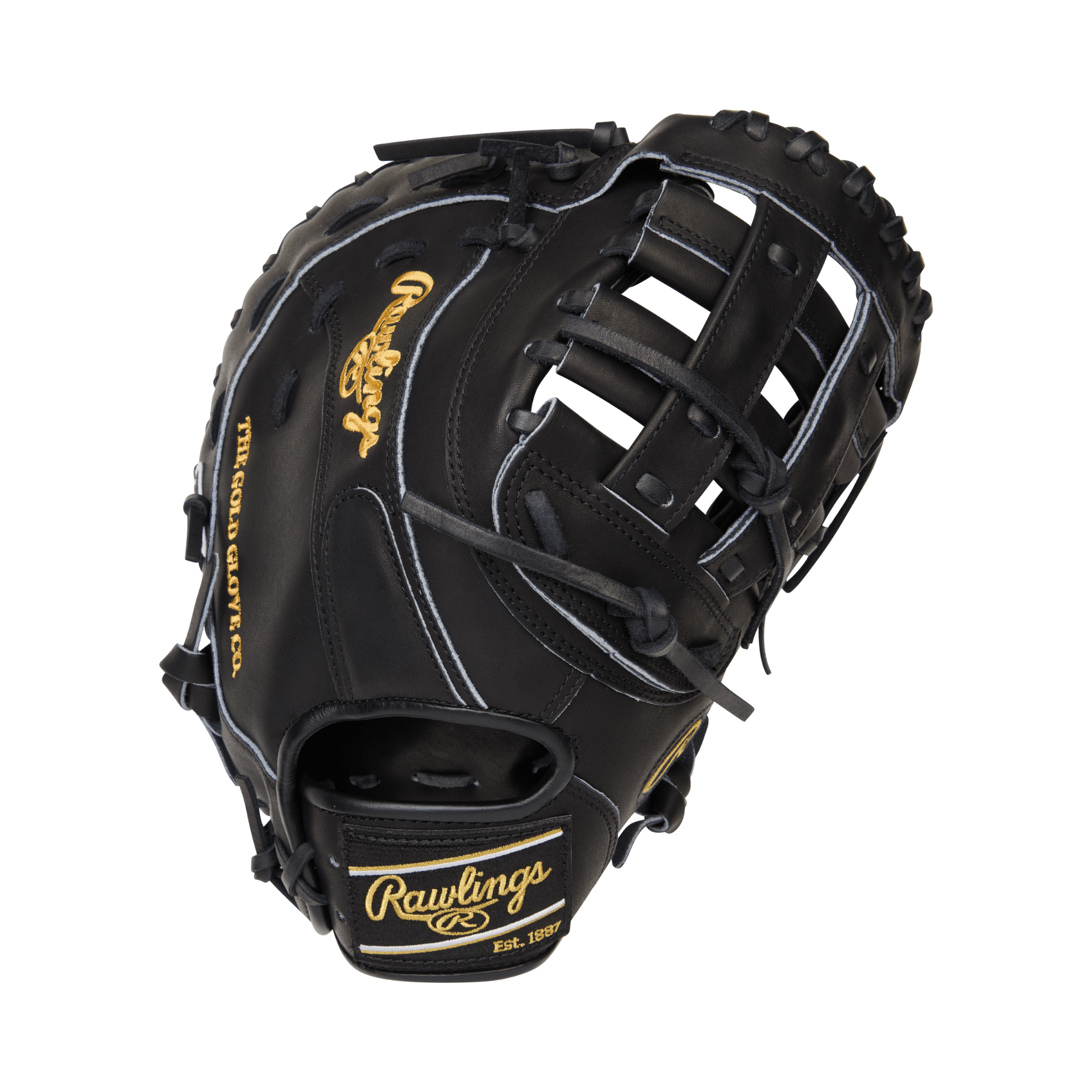 Rawlings Heart of the Hide 12.5-inch First Base Mitt in black, featuring modified H-Web design for optimal performance.