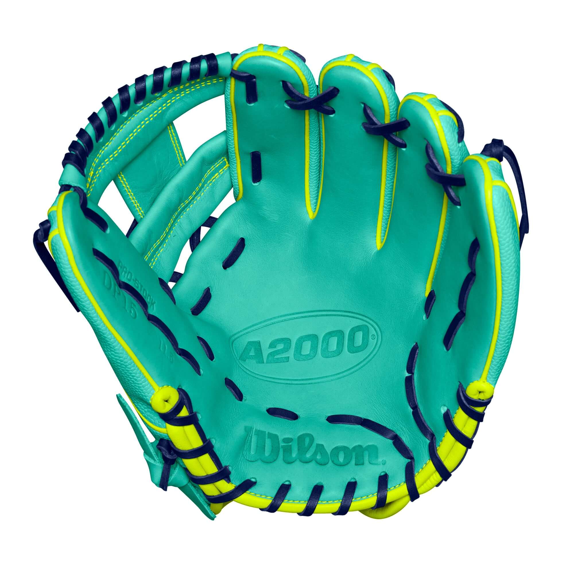 Wilson A2000 DP15SS infield baseball glove in seafoam and optic yellow, featuring Pedroia Fit technology for small hands.