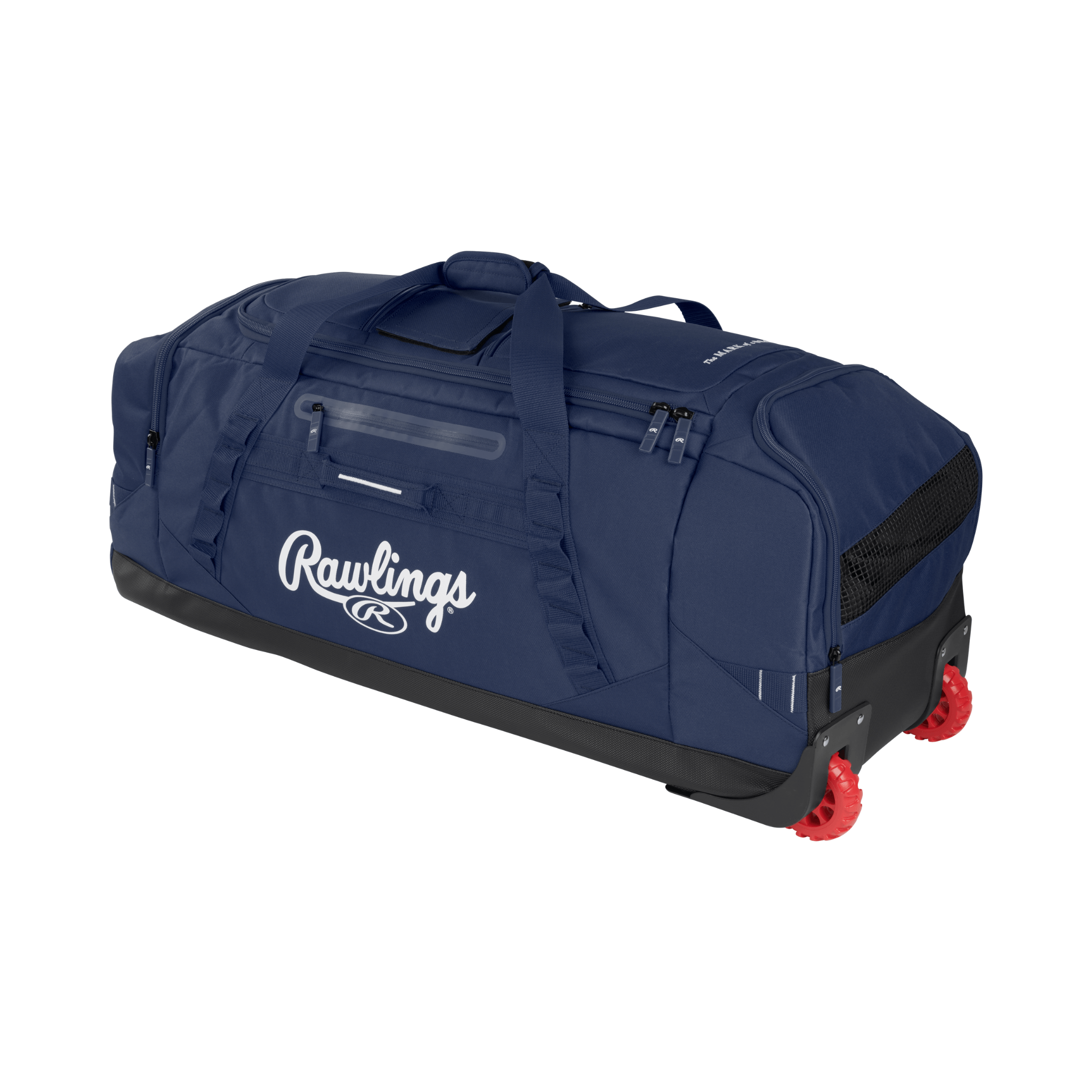 Rawlings Yadi2 Wheeled Equipment Bag in navy, designed for transporting sports gear with sturdy wheels and spacious compartments.