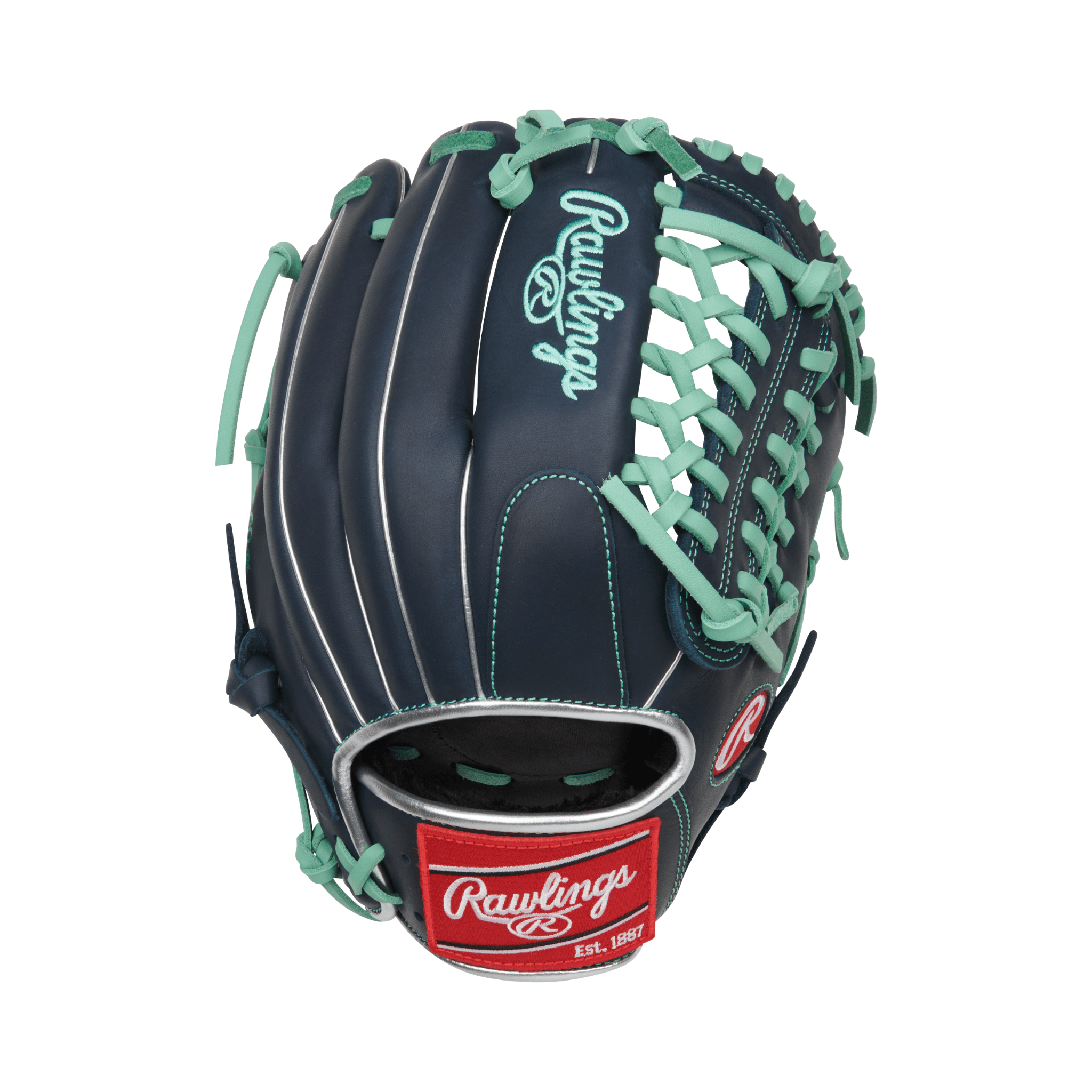 Back view of Rawlings R9 Series 11.75" Infield Baseball Glove Navy/Mint showing navy shell and mint accents.