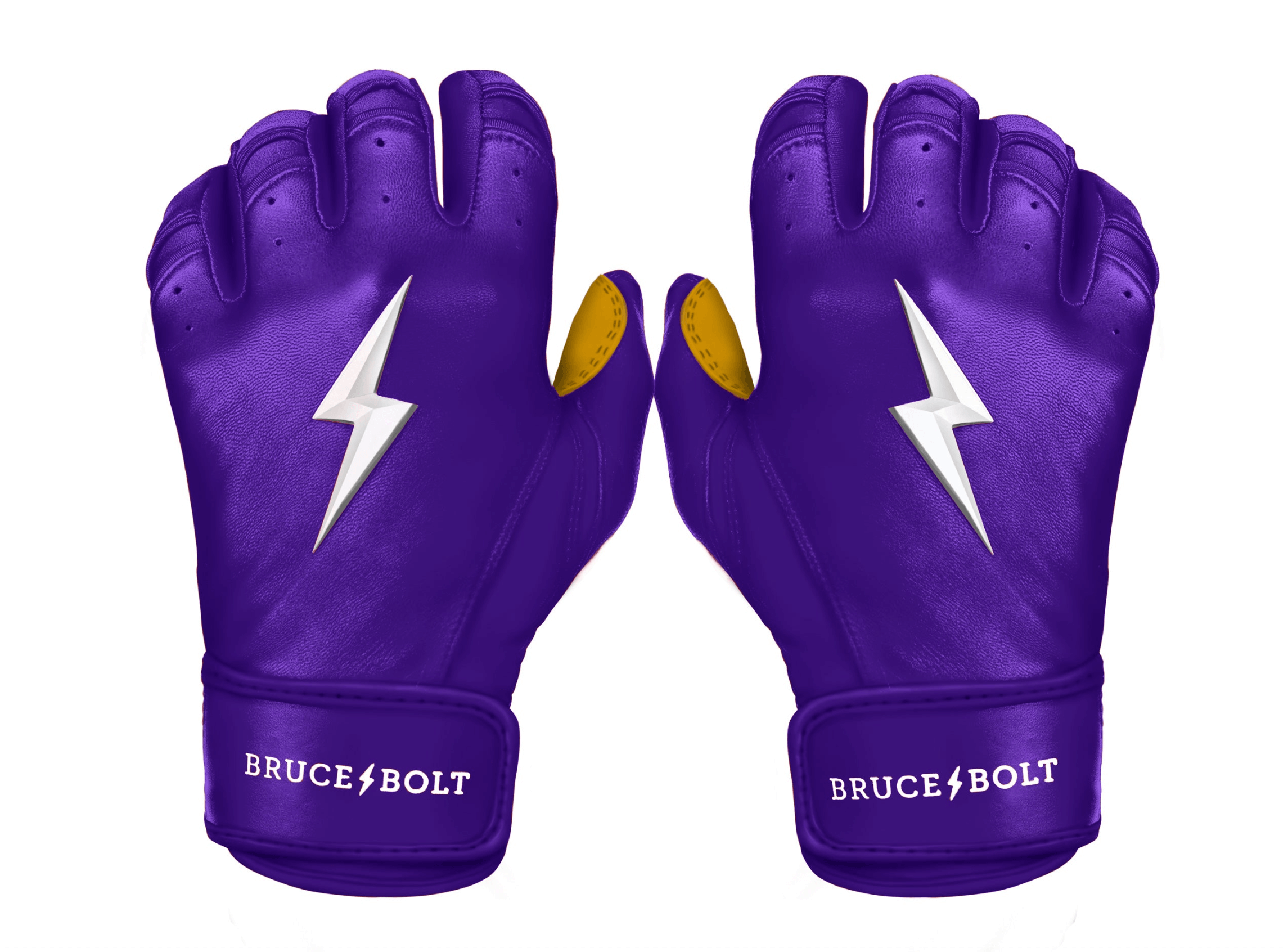 Bruce Bolt Premium Pro short cuff batting gloves in purple with lightning logo, made from soft Cabretta leather.