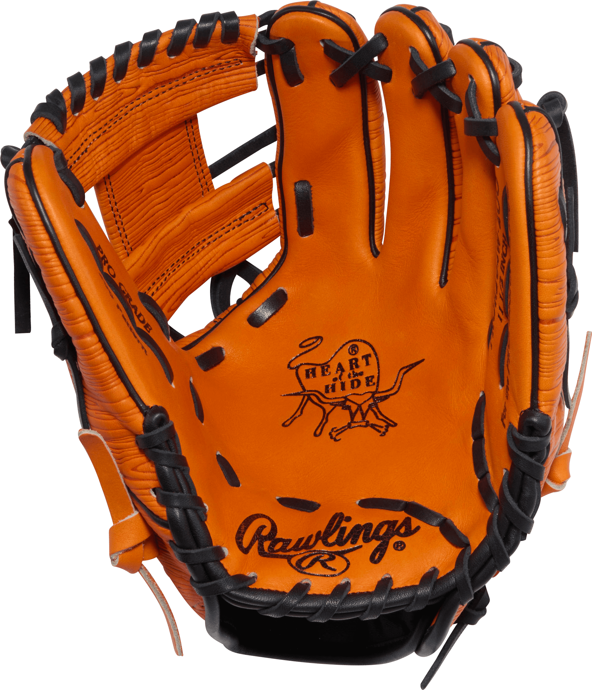 Rawlings March 2026 Gold Glove Club RGGC PROR204W-2OO 11.5" Baseball Glove palm view, orange with black lacing, I-web design.