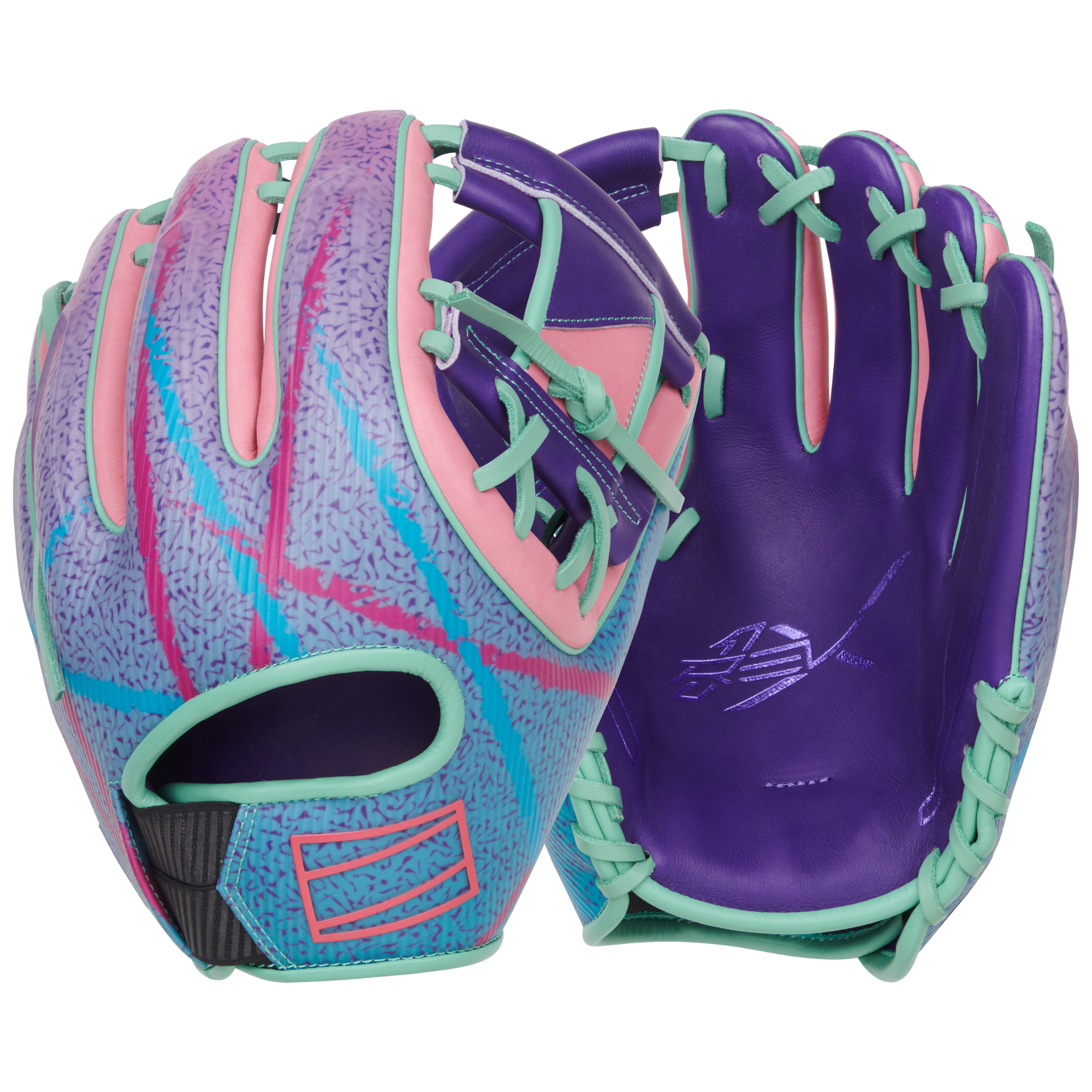 Rawlings REV1X Glove 11.75" - Purple/Mint/Pink full view.