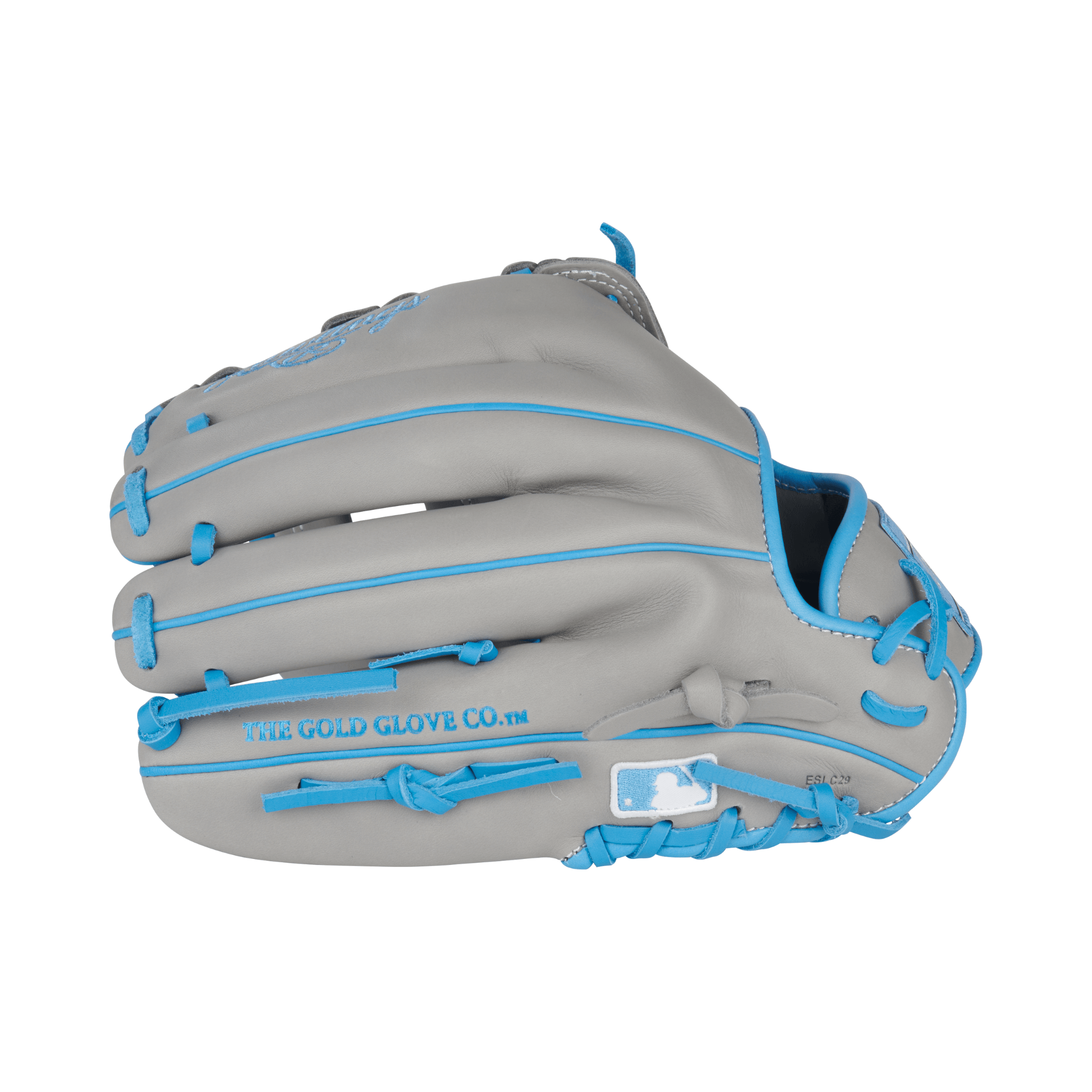 Close-up of finger stalls on Rawlings NXT 12.25" Gray/Columbia Blue glove with Pro H™ web for versatile fielding